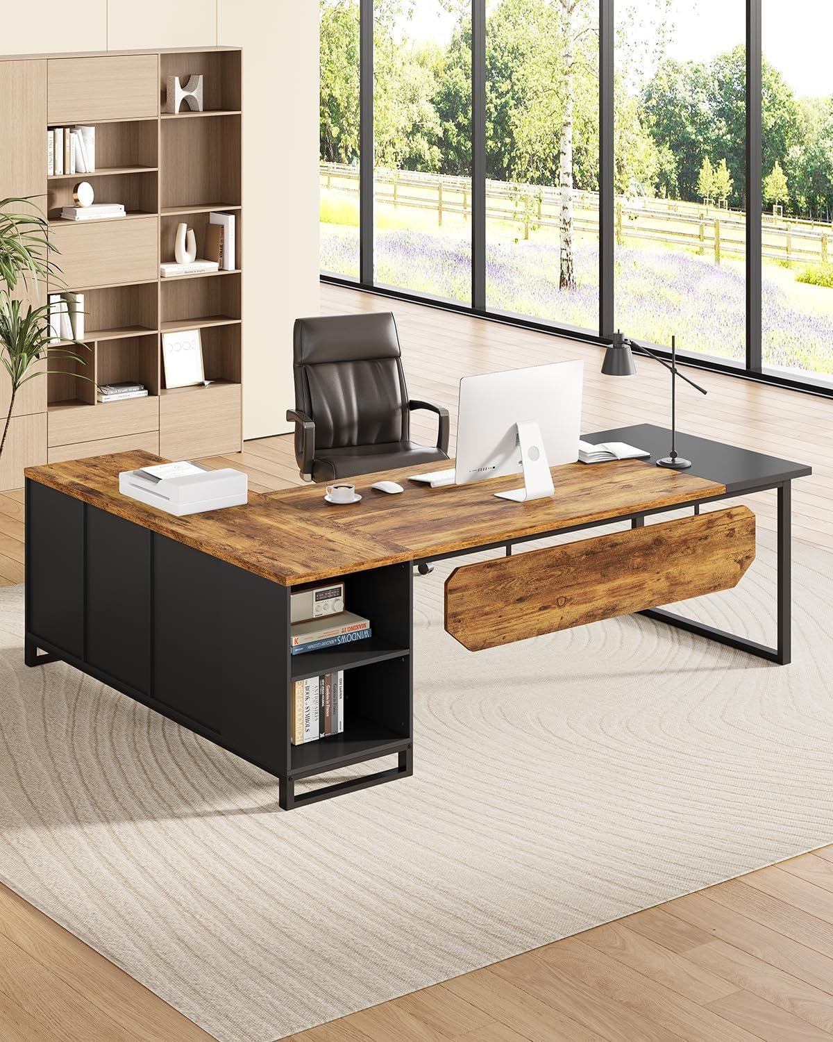 Large L Shaped Executive Desk and File Cabinet Combo