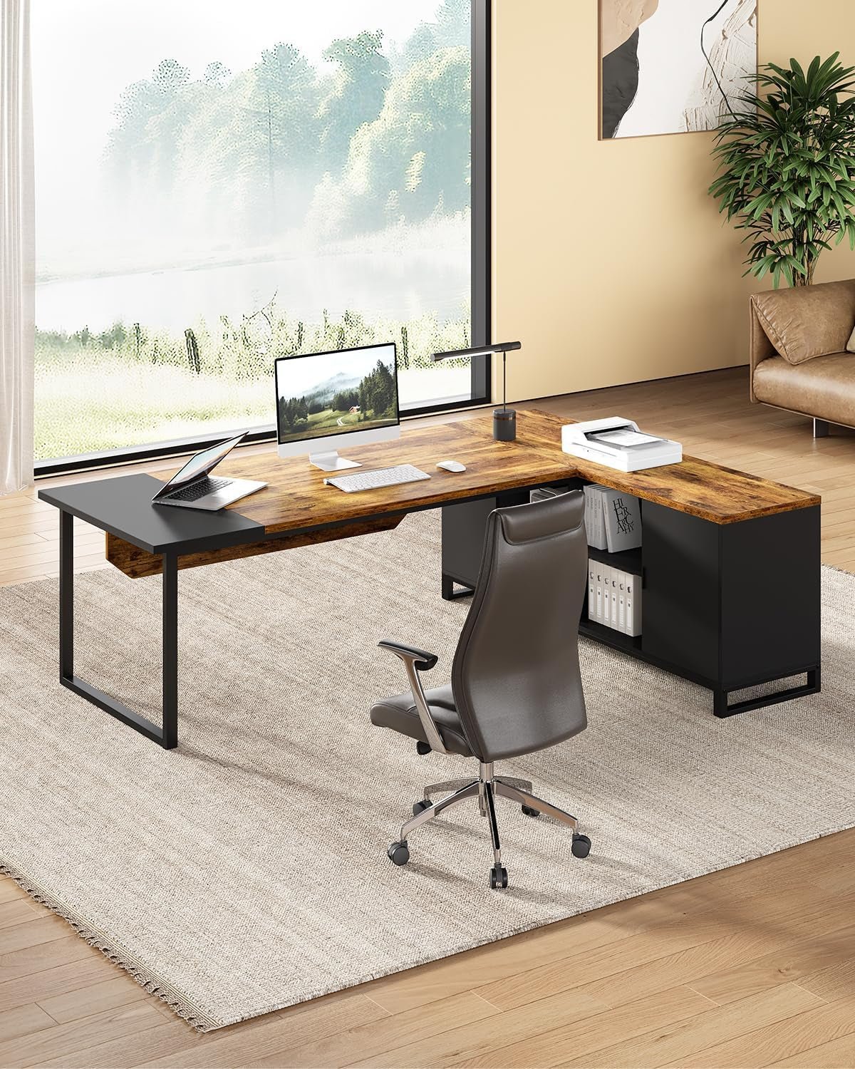 Large L Shaped Executive Desk and File Cabinet Combo