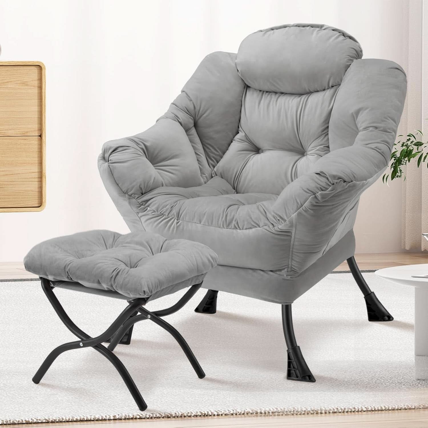 Large Light Gray Upholstered Armchair Folding Ottoman