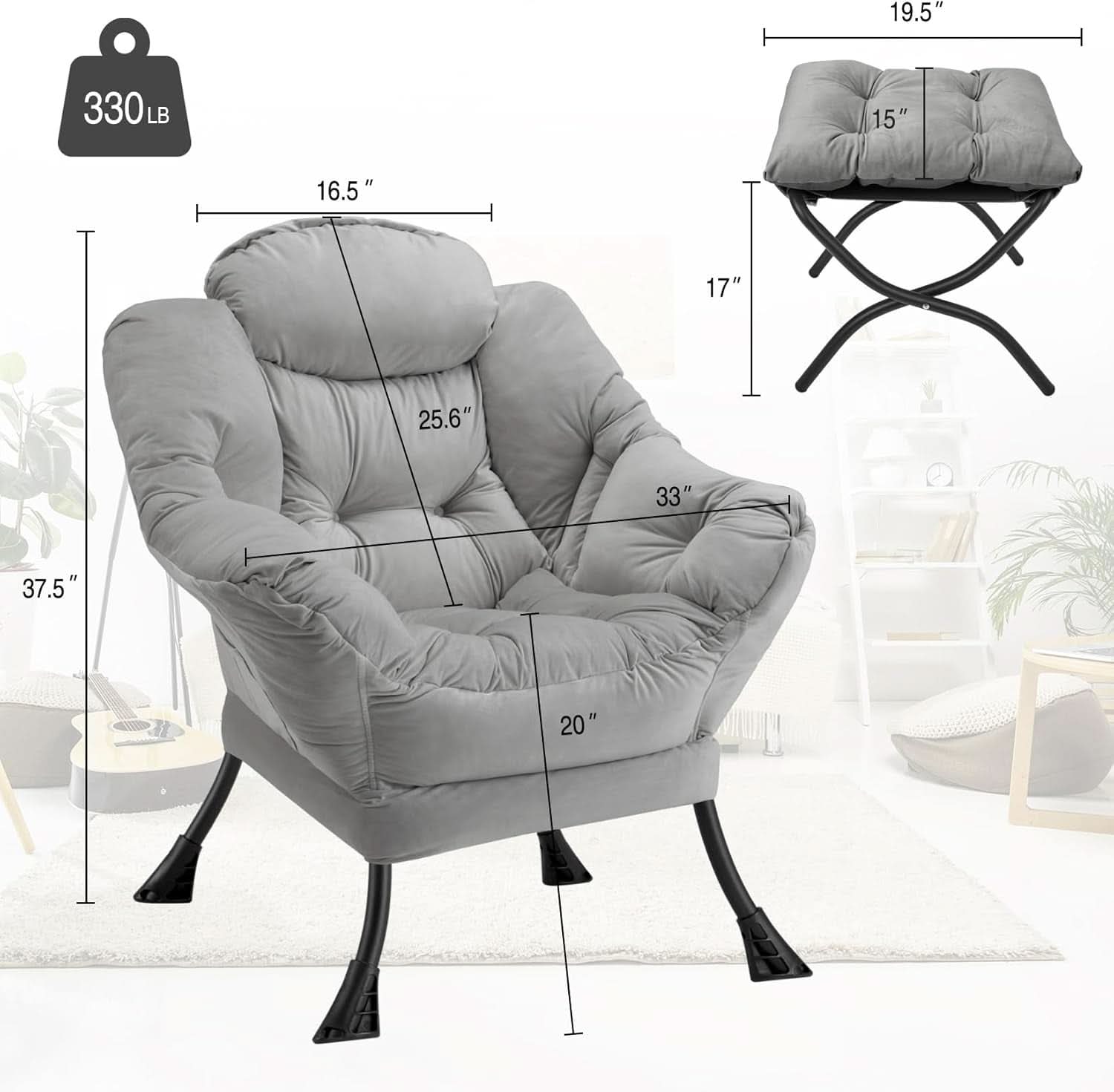 Large Light Gray Upholstered Armchair Folding Ottoman