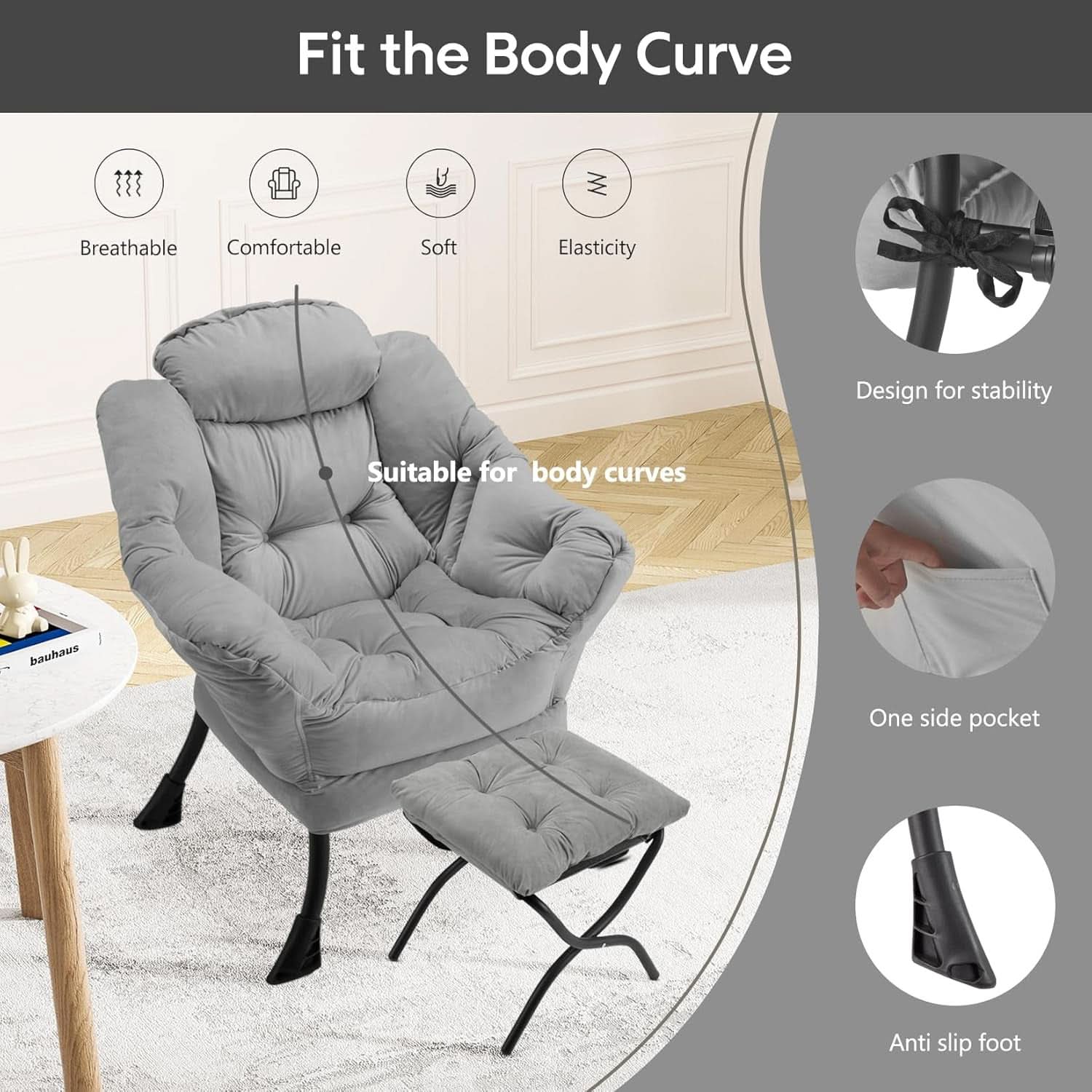 Large Light Gray Upholstered Armchair Folding Ottoman