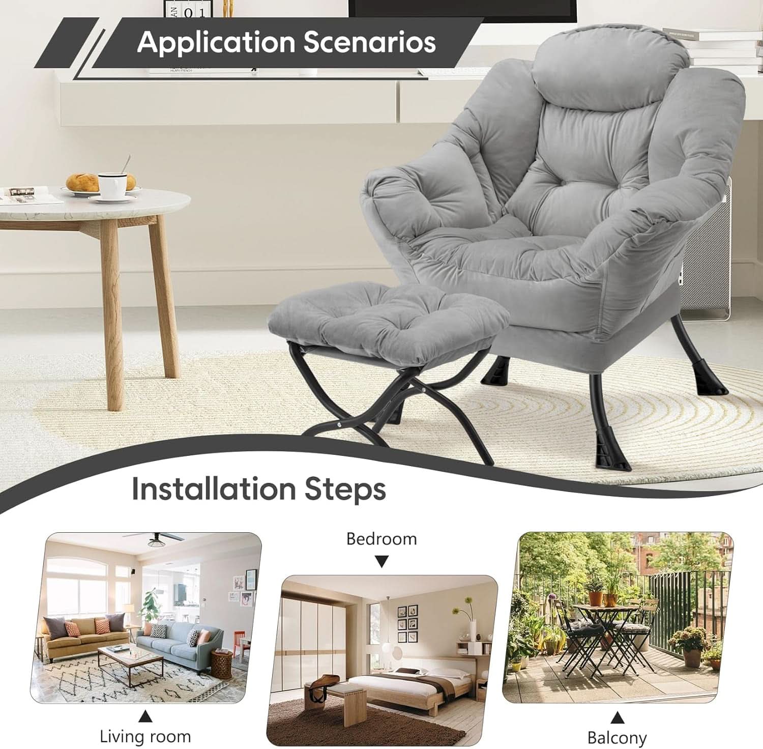 Large Light Gray Upholstered Armchair Folding Ottoman