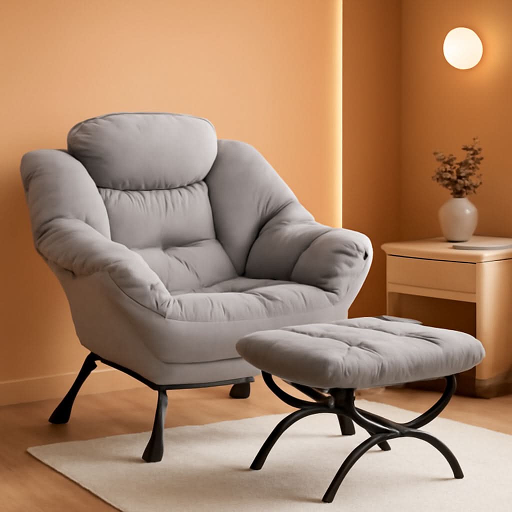 Large Light Gray Upholstered Armchair Folding Ottoman