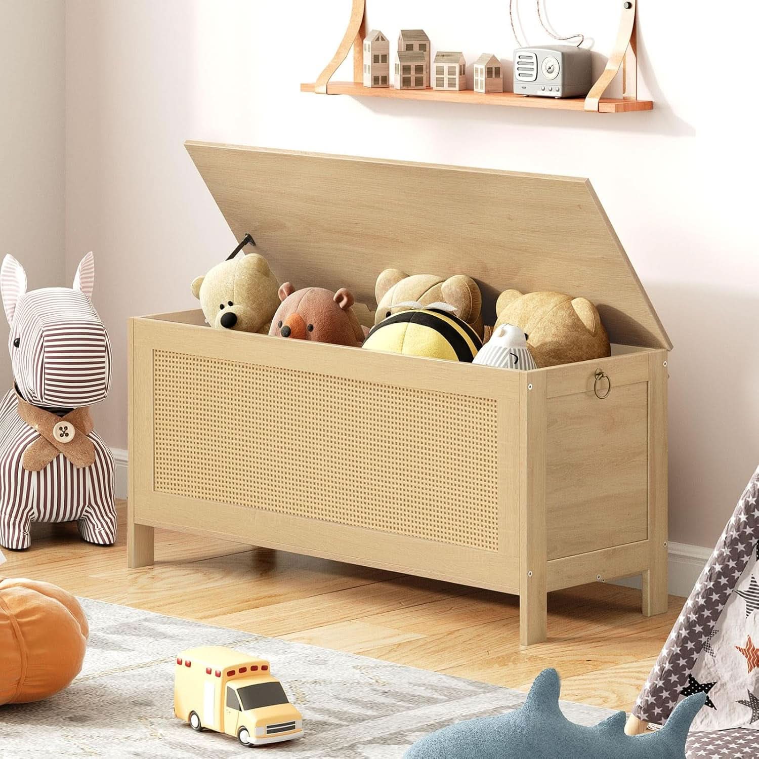 Large Natural Storage Bench with Safety Hinge, 39.4 Inches