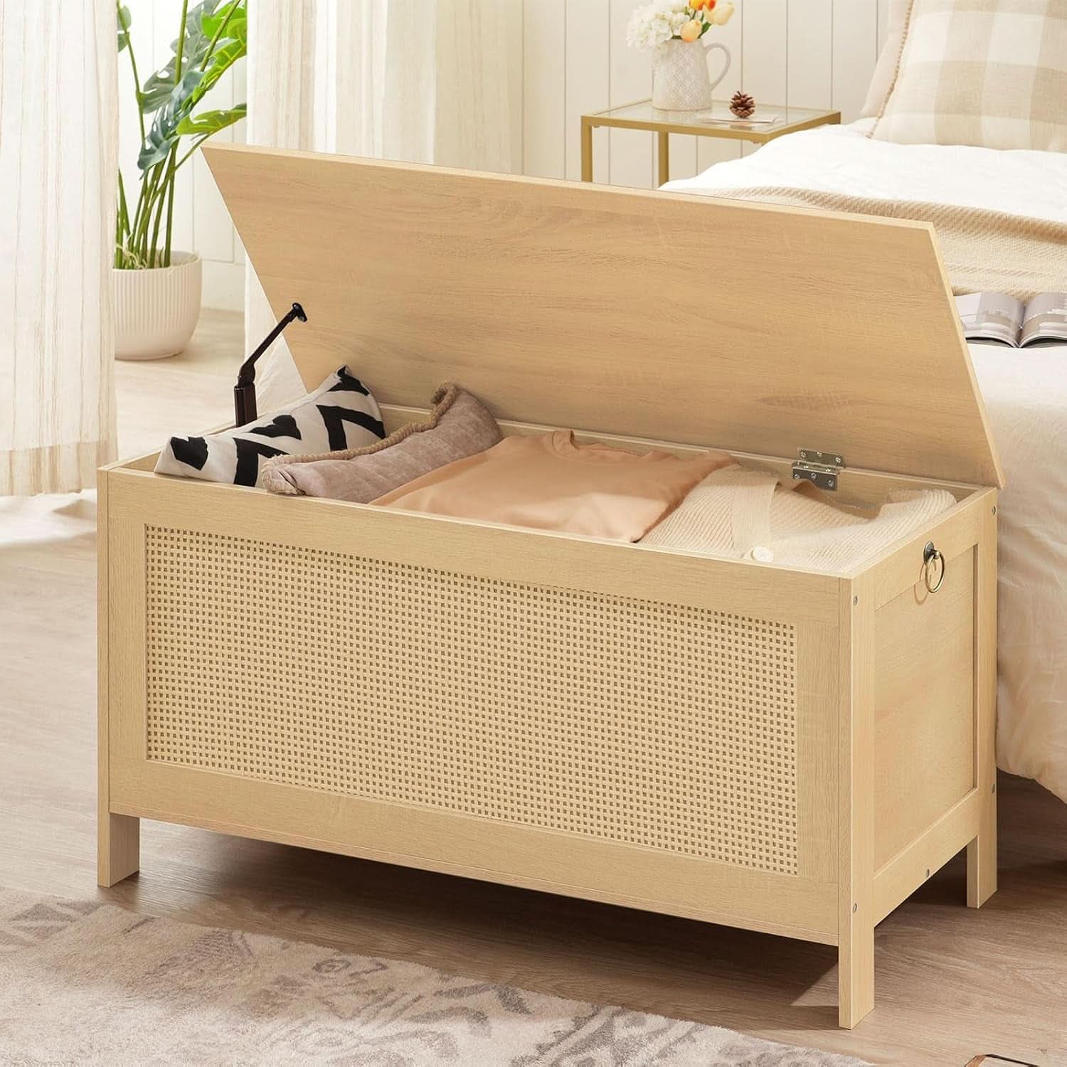 Large Natural Storage Bench with Safety Hinge, 39.4 Inches