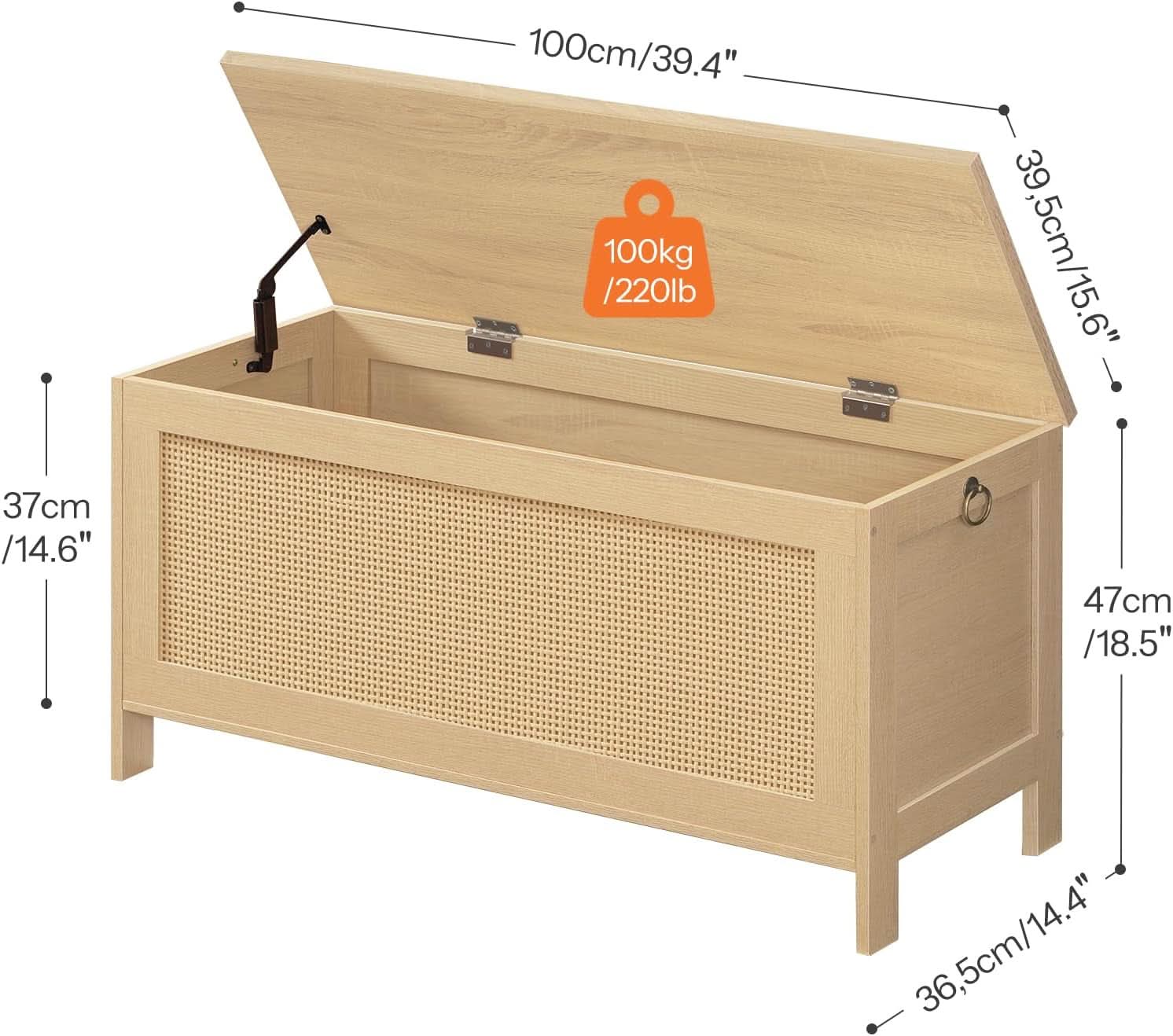 Large Natural Storage Bench with Safety Hinge, 39.4 Inches
