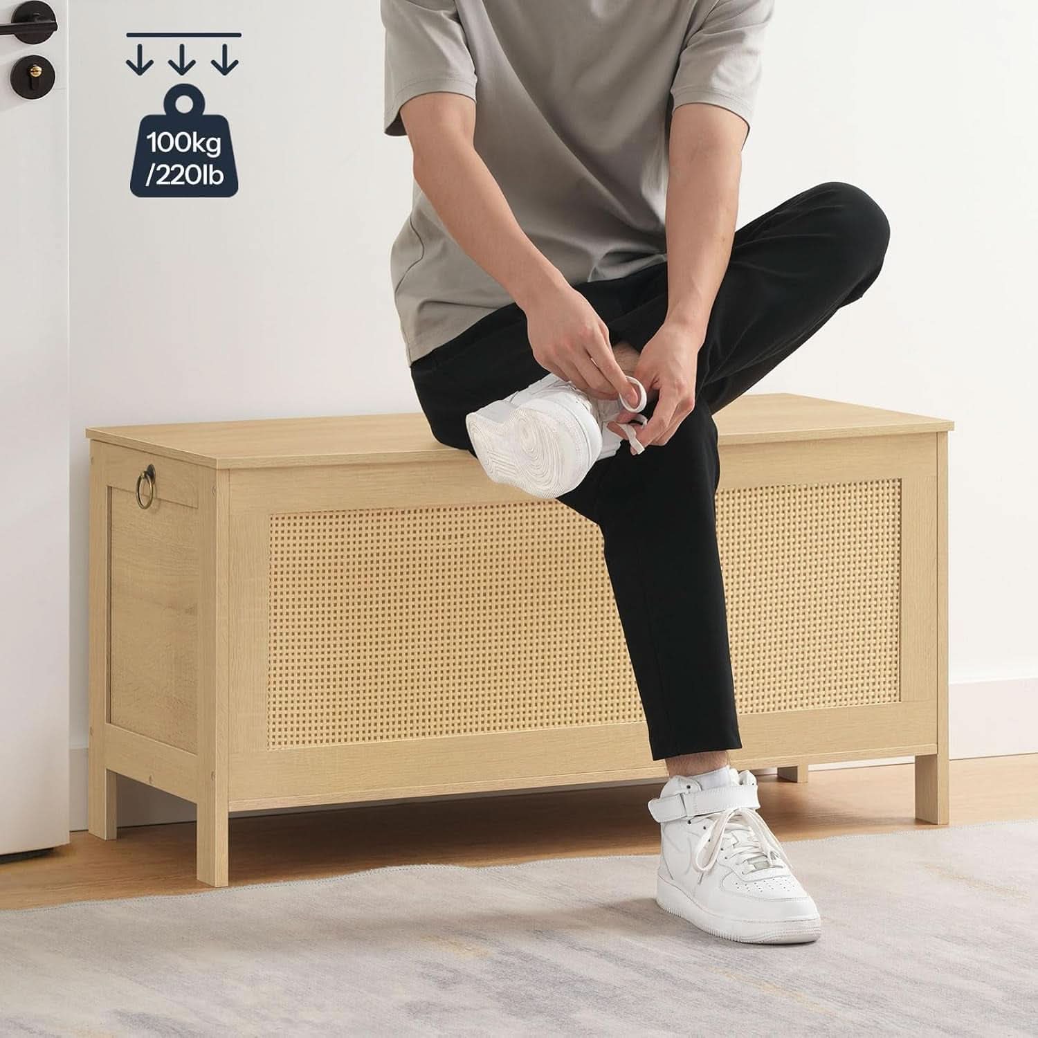 Large Natural Storage Bench with Safety Hinge, 39.4 Inches