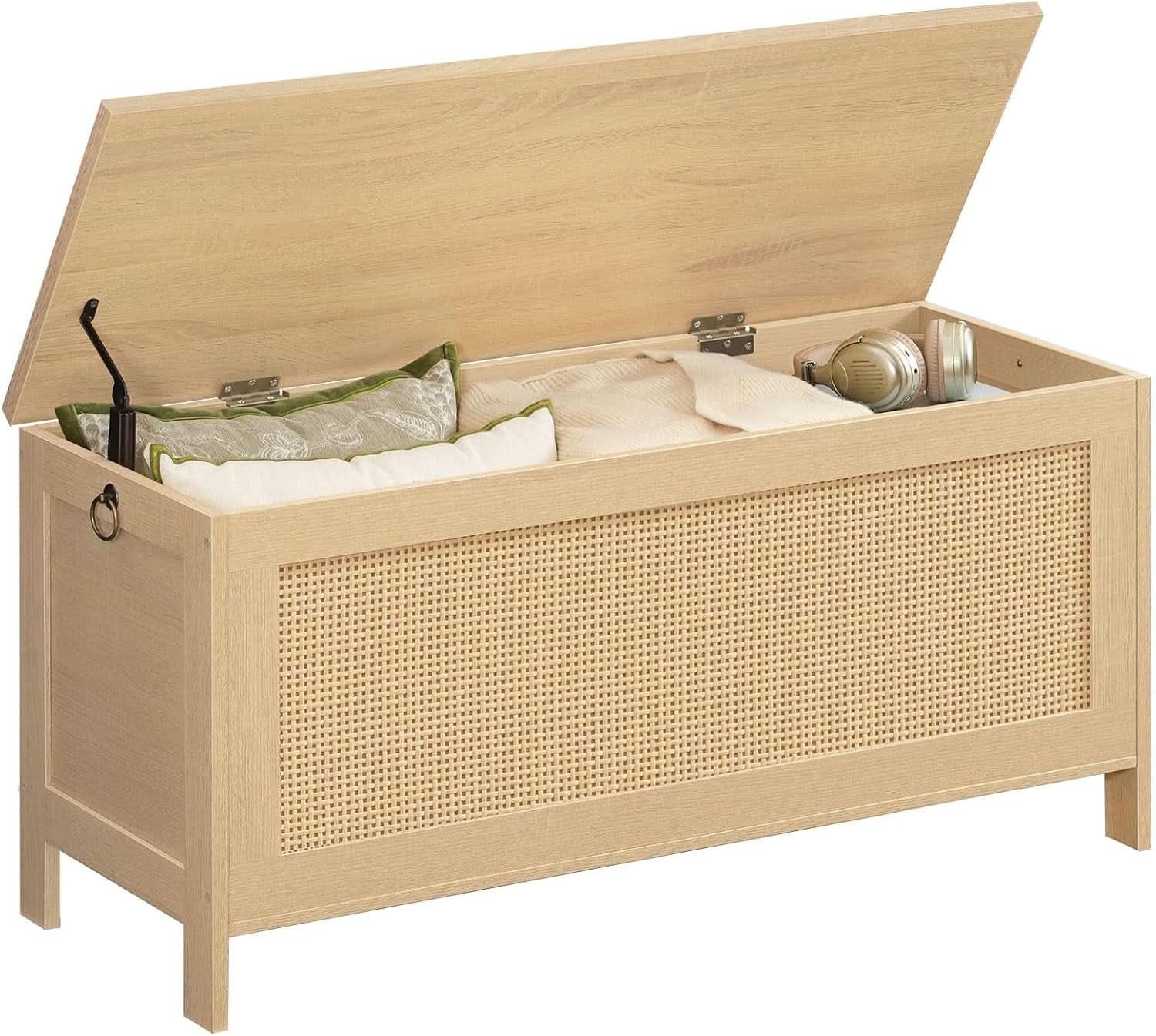 Large Natural Storage Bench with Safety Hinge, 39.4 Inches