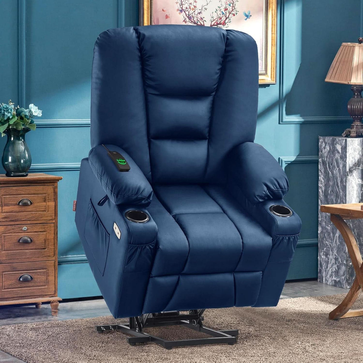 Large Navy Blue Power Lift Recliner Chair With Massage And Heat