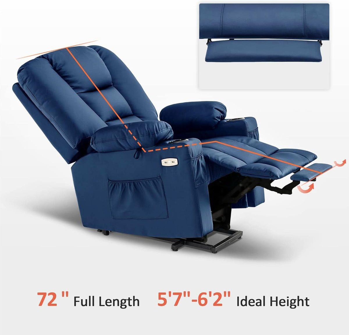 Large Navy Blue Power Lift Recliner Chair With Massage And Heat