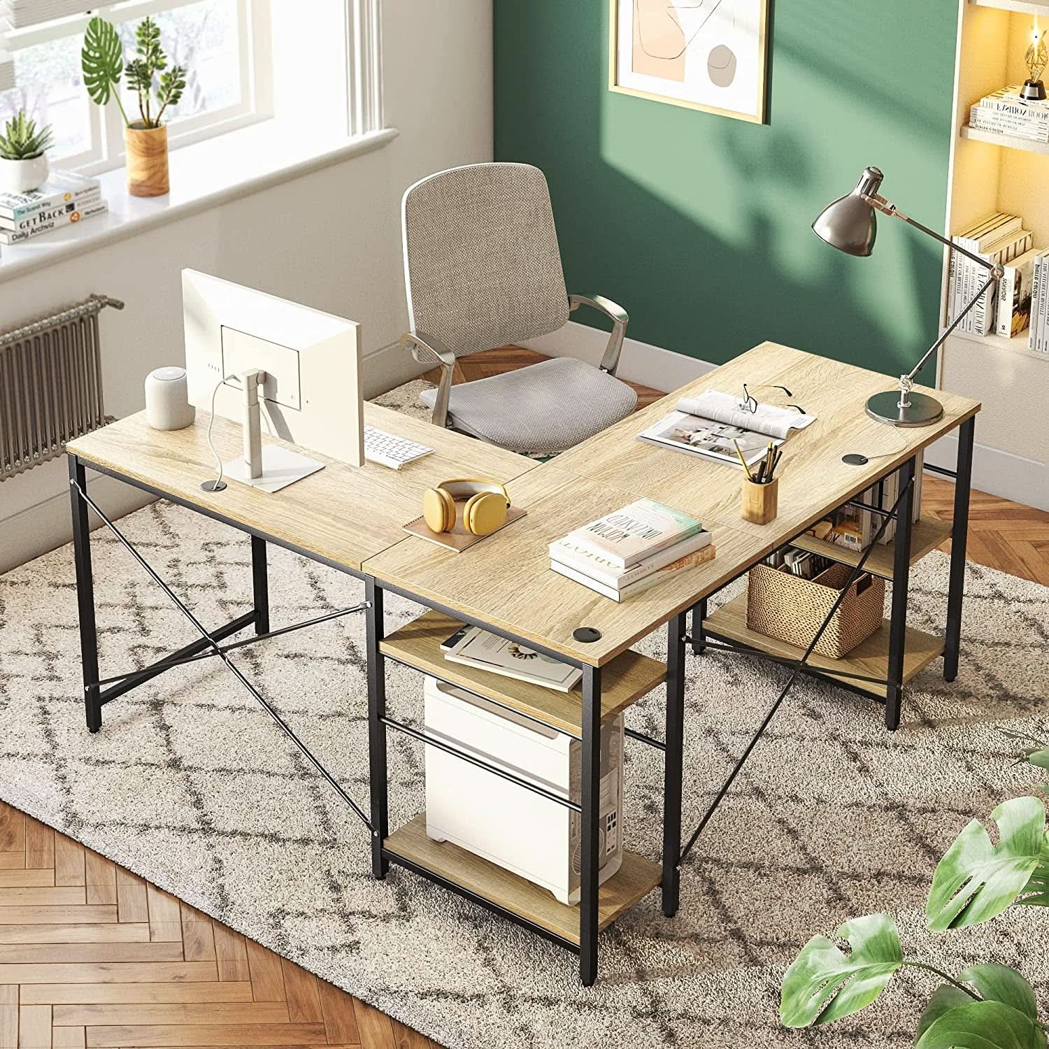Large Oak L Shaped Desk With Shelves For Home Office