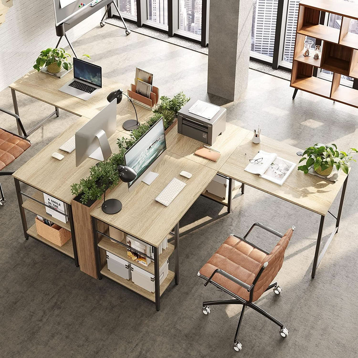 Large Oak L Shaped Desk With Shelves For Home Office