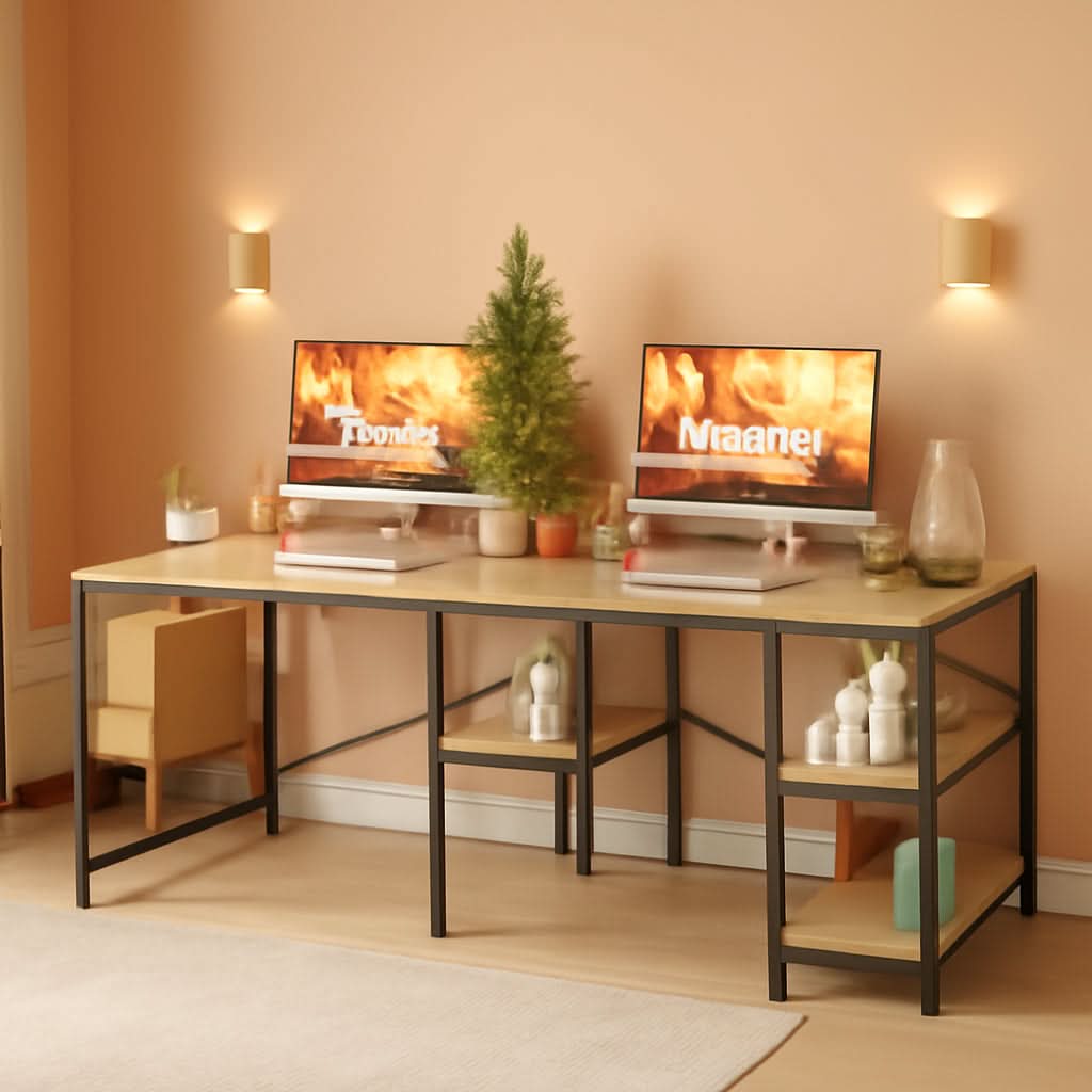 Large Oak L Shaped Desk With Shelves For Home Office