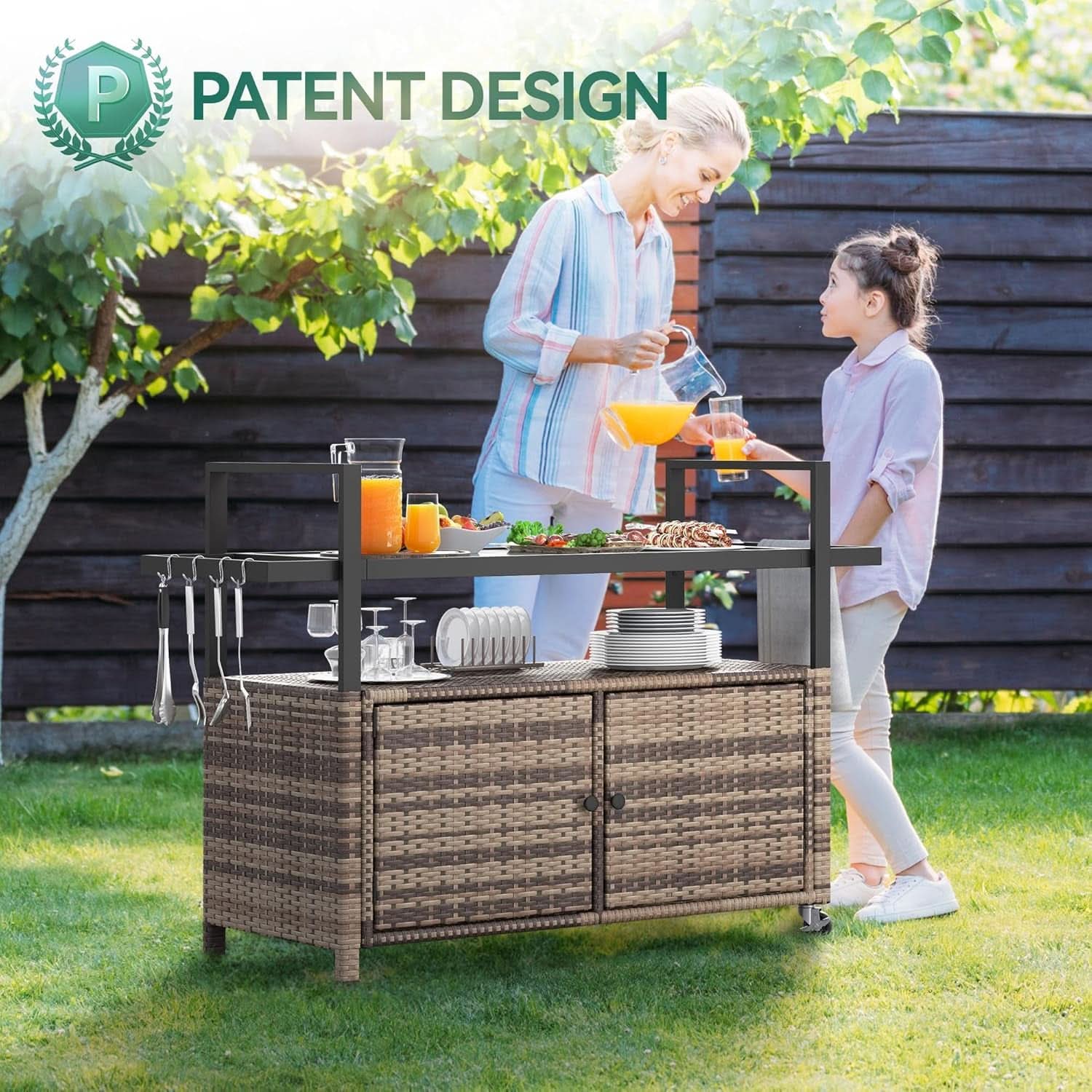 Large Outdoor Kitchen Rolling Cart With Black Glass Top