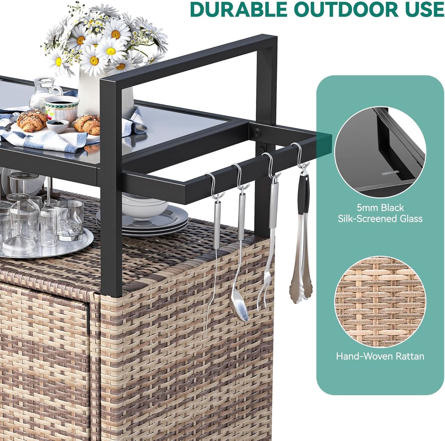 Large Outdoor Kitchen Rolling Cart With Black Glass Top