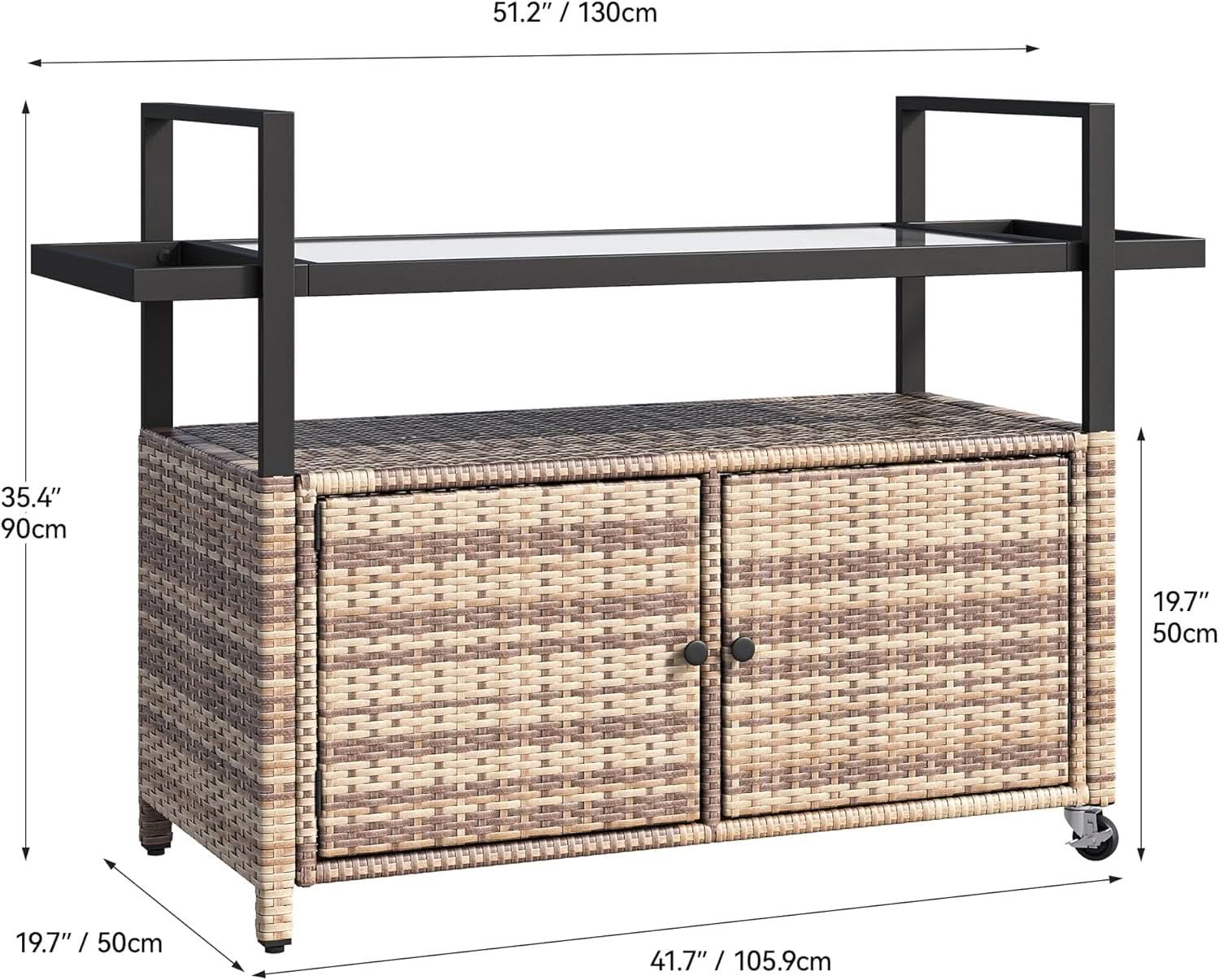Large Outdoor Kitchen Rolling Cart With Black Glass Top