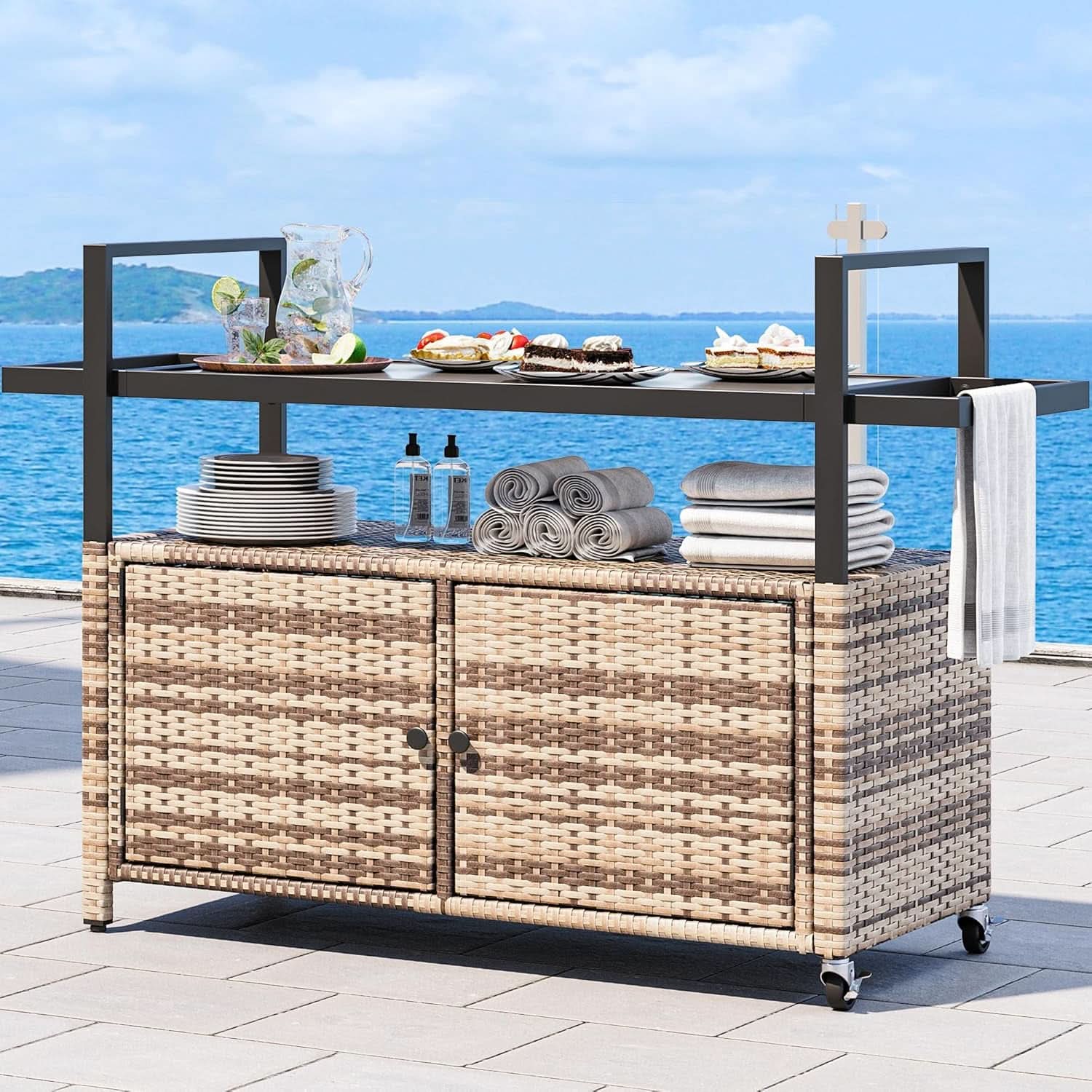 Large Outdoor Kitchen Rolling Cart With Black Glass Top