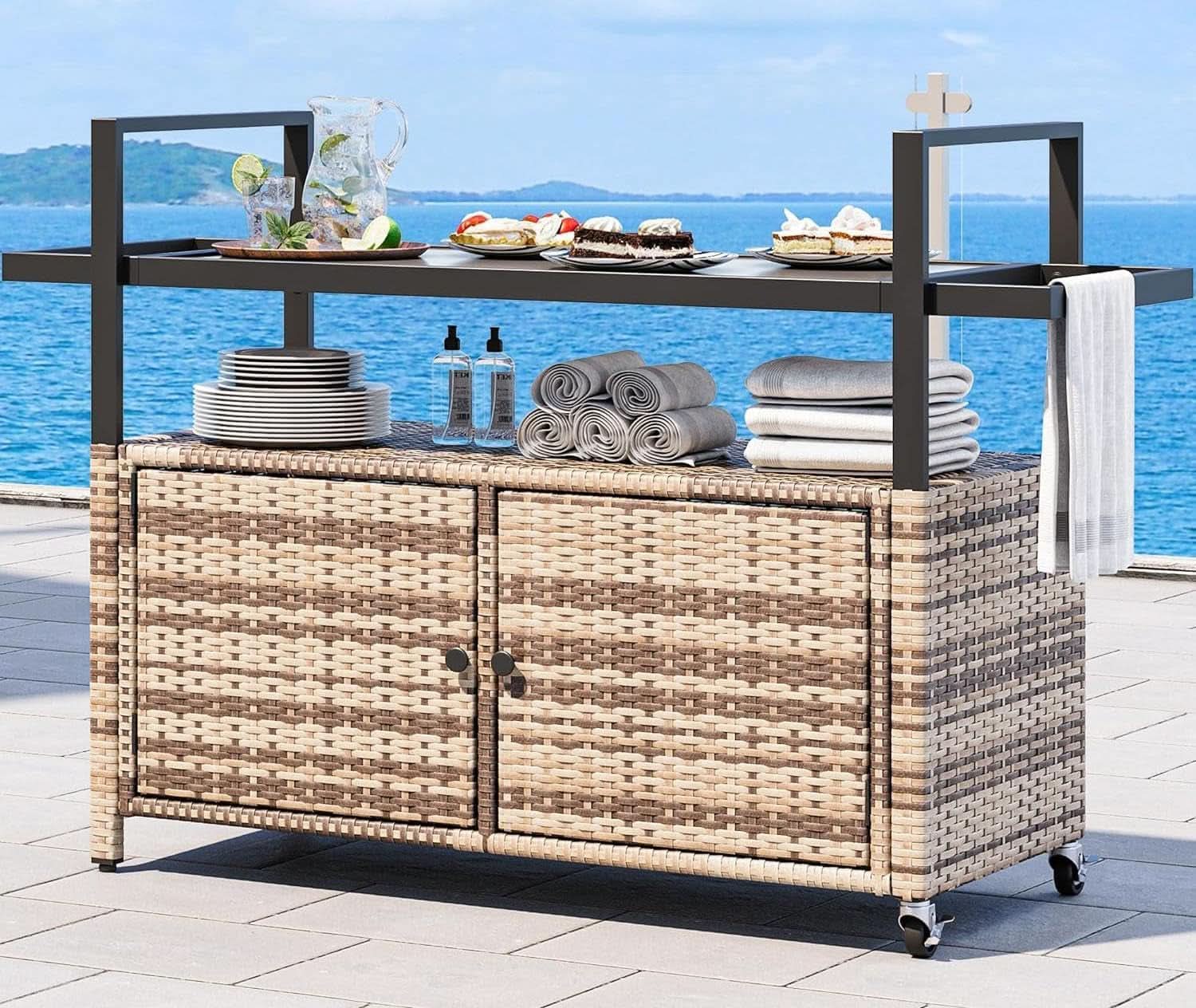 Large Outdoor Kitchen Rolling Cart With Black Glass Top