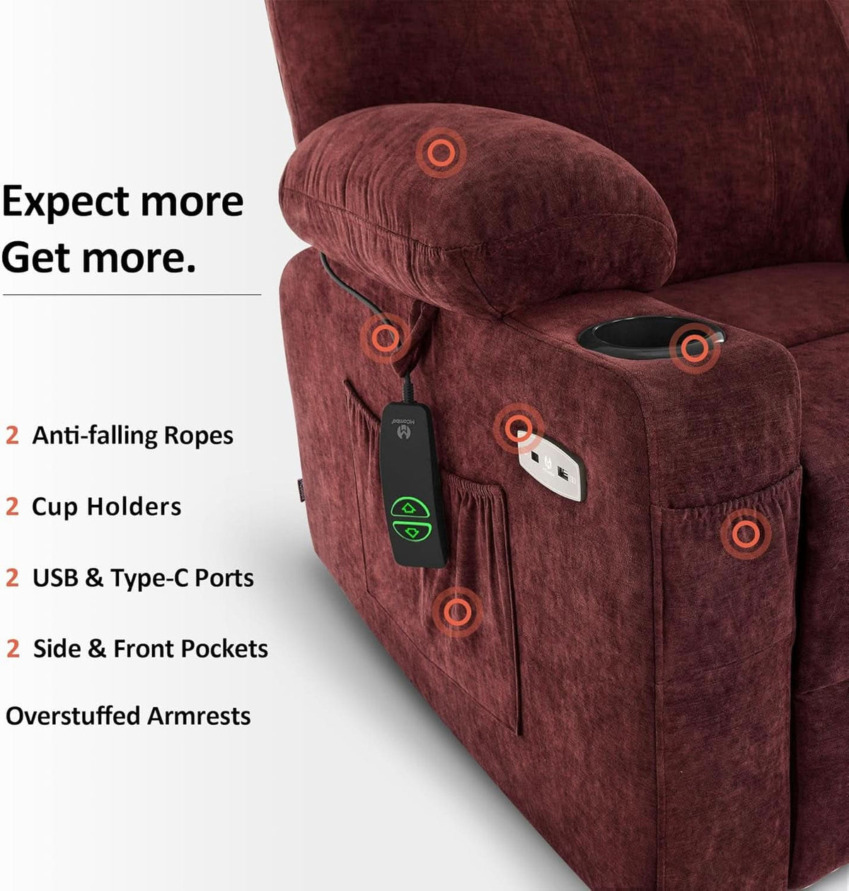 Large Power Lift Recliner With Massage And USB Sangria