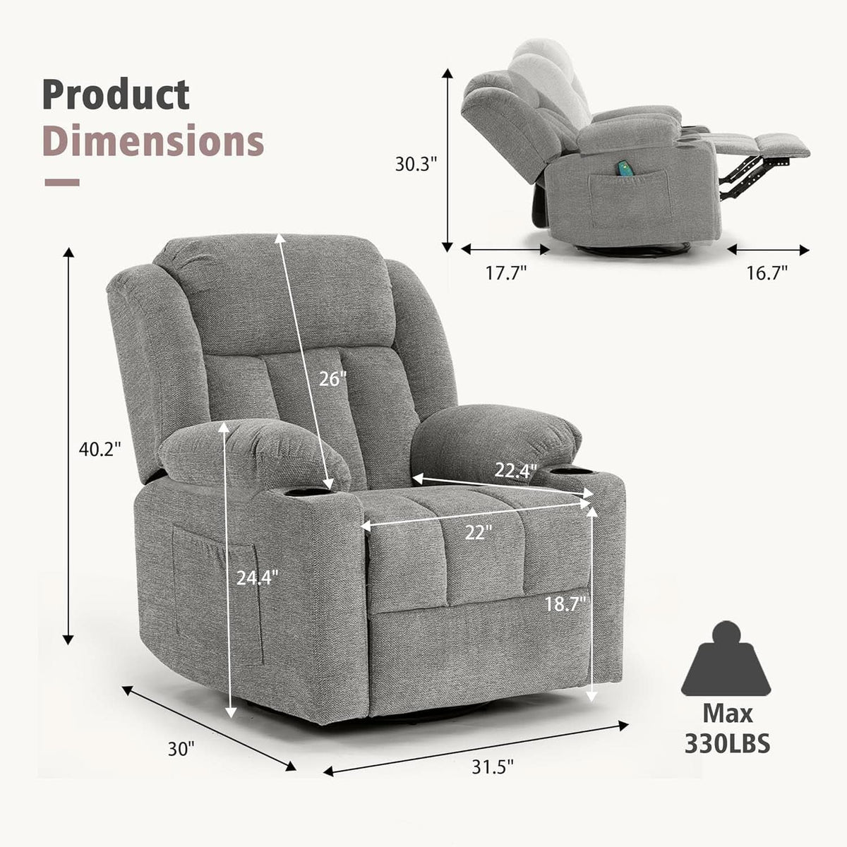 Large Rocker Swivel Recliner Chair With Massage And Heat