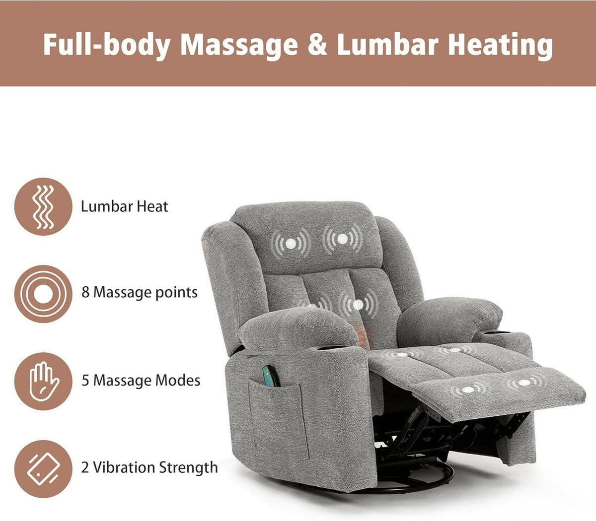 Large Rocker Swivel Recliner Chair With Massage And Heat