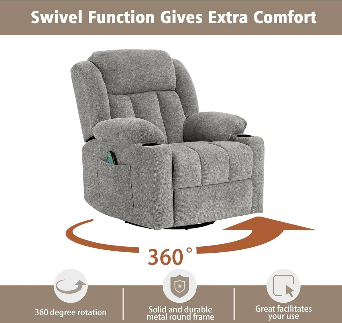 Large Rocker Swivel Recliner Chair With Massage And Heat