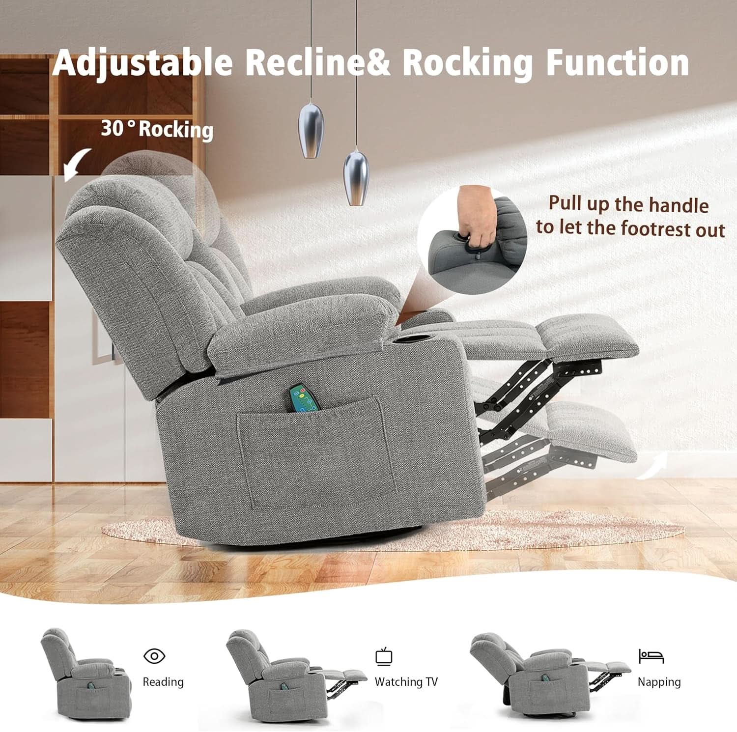 Large Rocker Swivel Recliner Chair With Massage And Heat