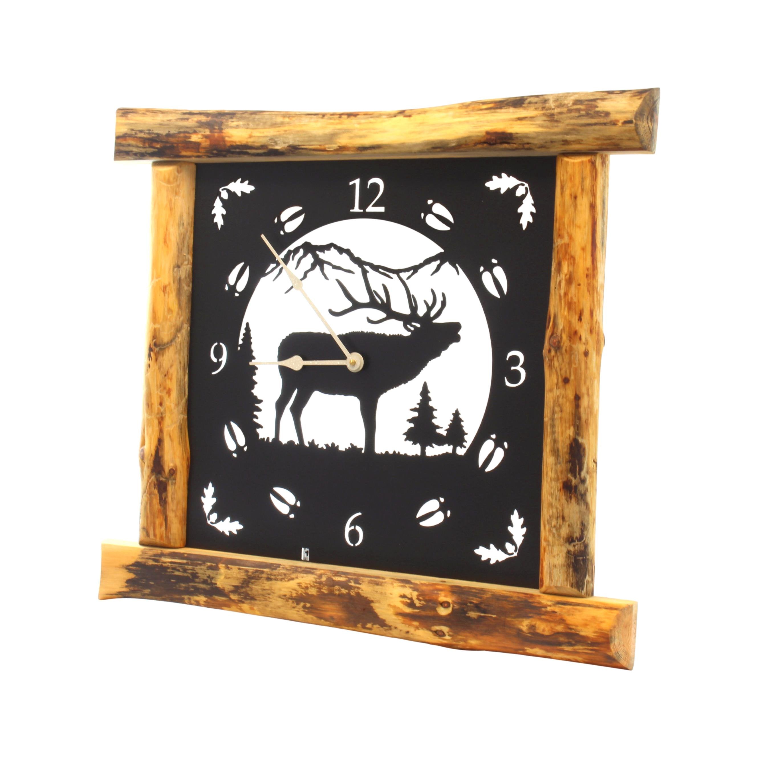 Large Rustic Wall Clock with 16" Analog Display, Pine Log Frame, Metal Wildlife Art Clock Face