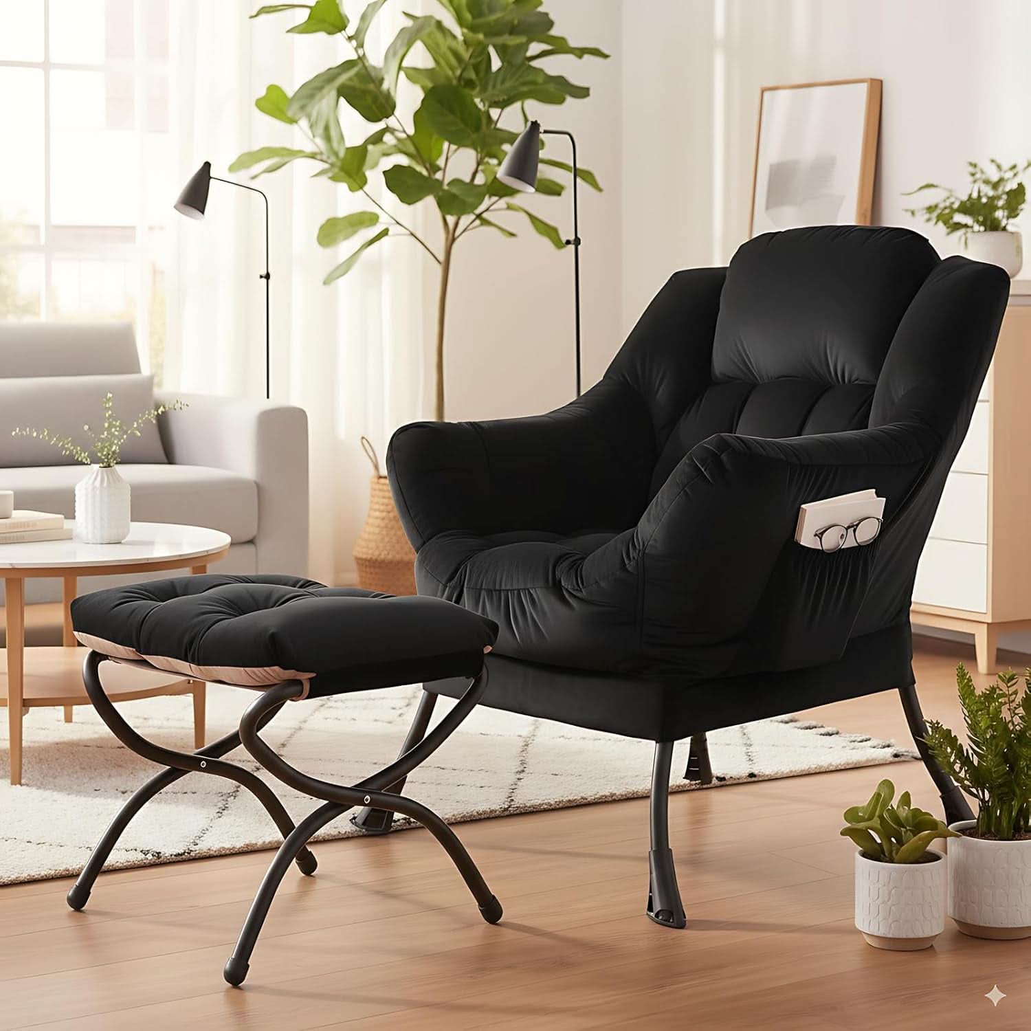 Large Upholstered Lounge Chair With Ottoman And Armrests