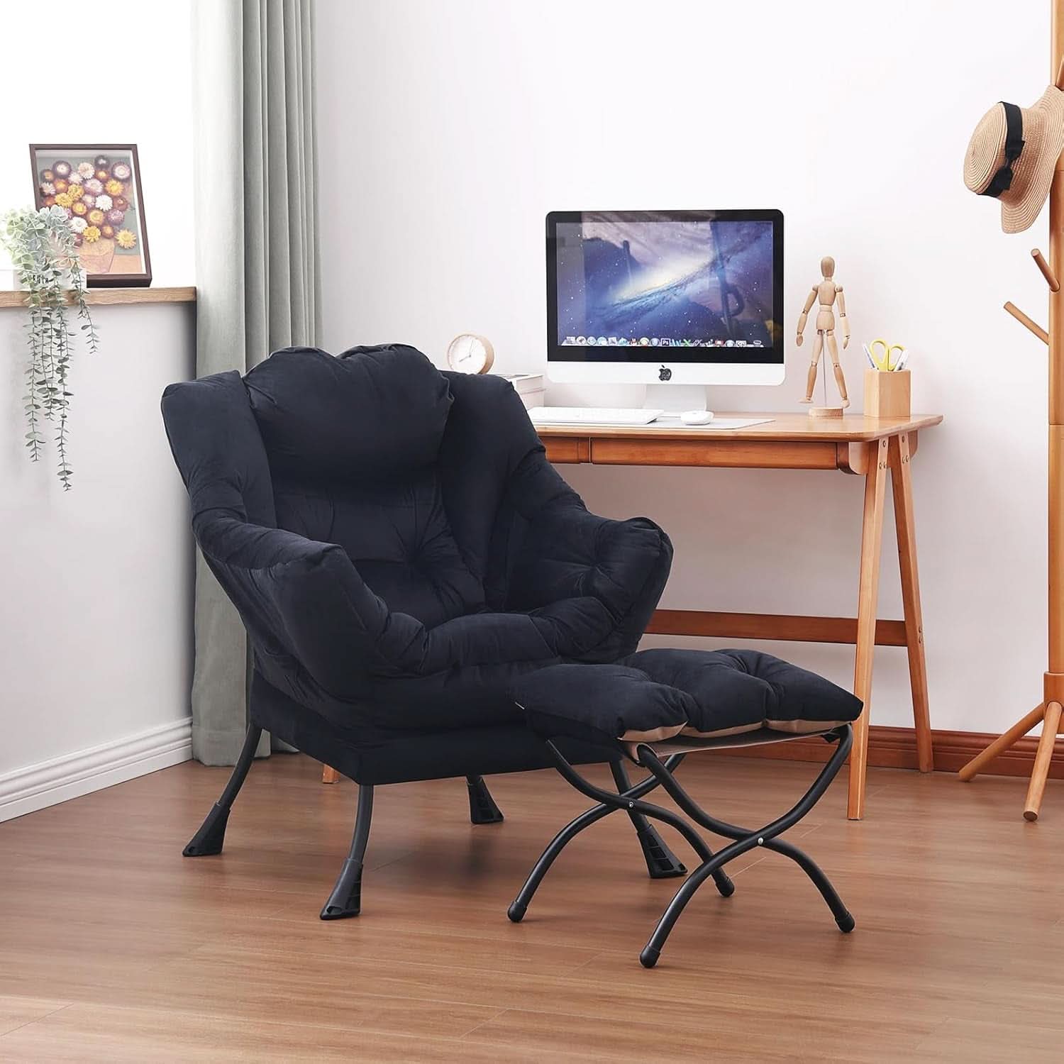 Large Upholstered Lounge Chair With Ottoman And Armrests