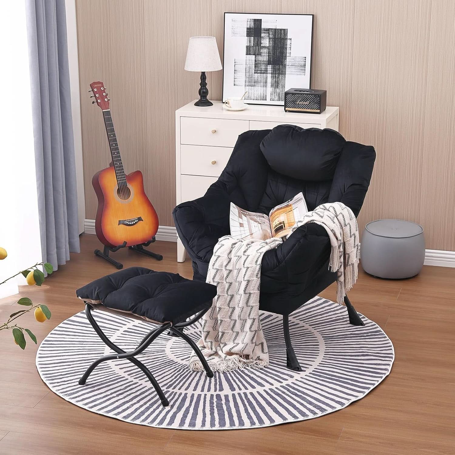 Large Upholstered Lounge Chair With Ottoman And Armrests