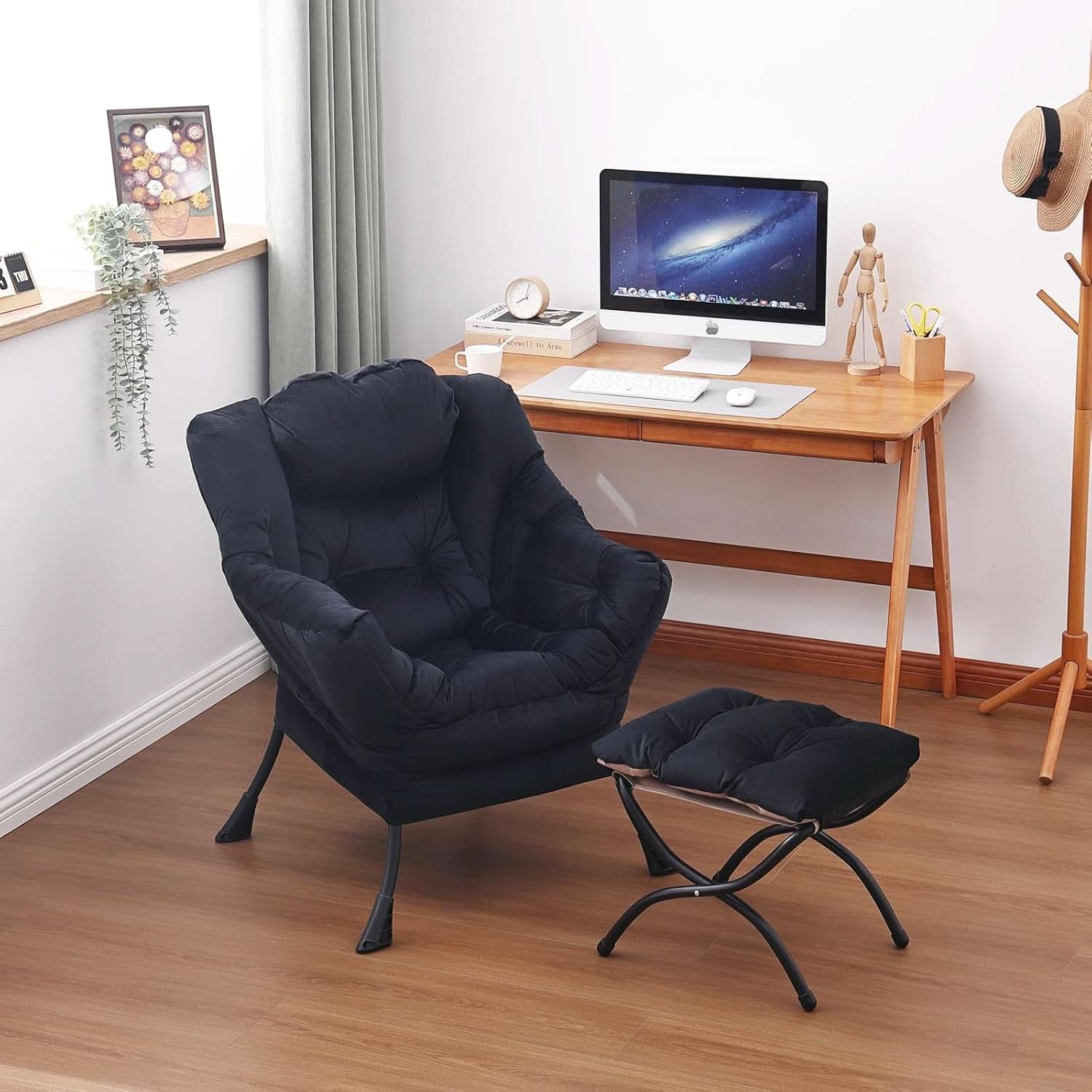 Large Upholstered Lounge Chair With Ottoman And Armrests