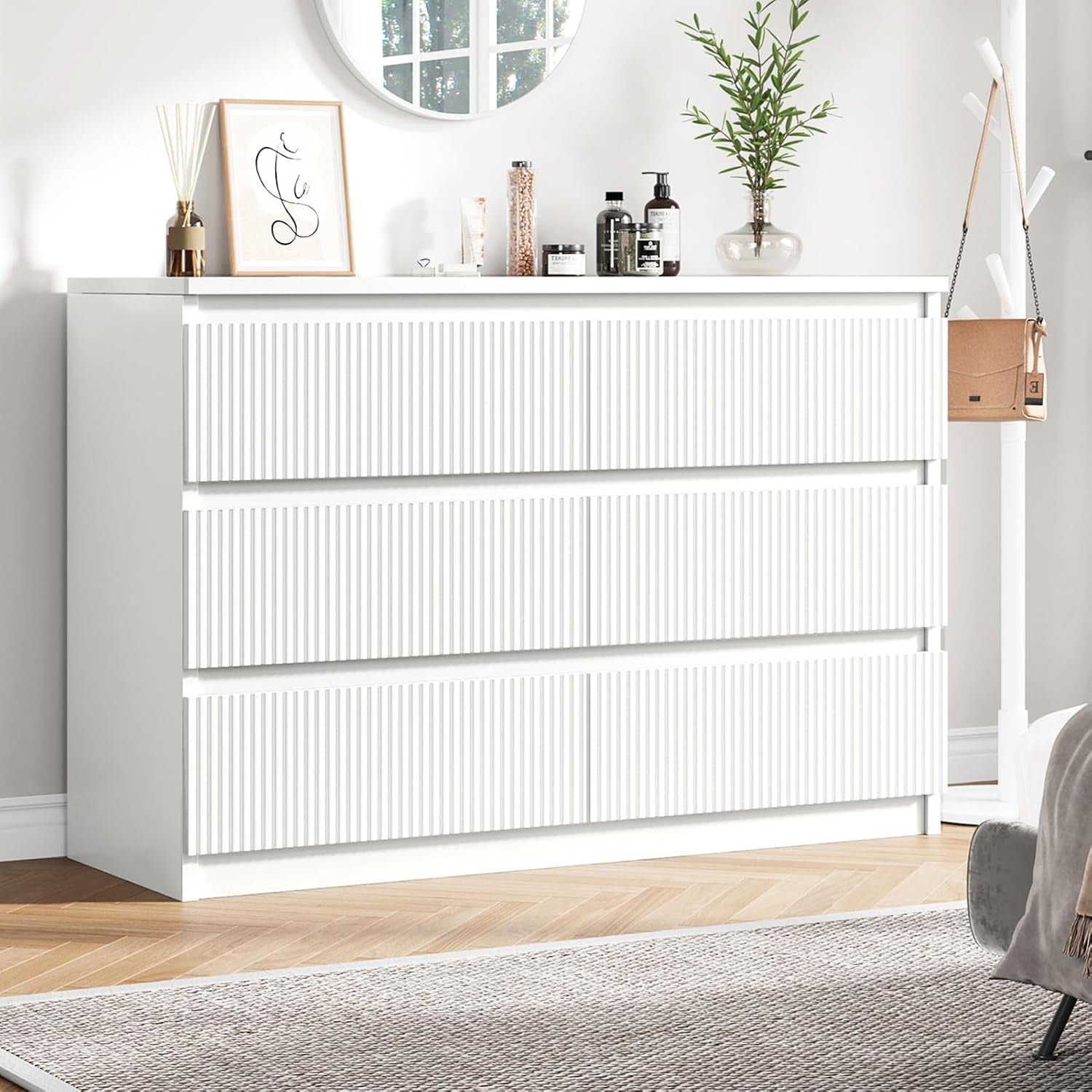 Large White Dresser With Fluted Panels Six Drawers