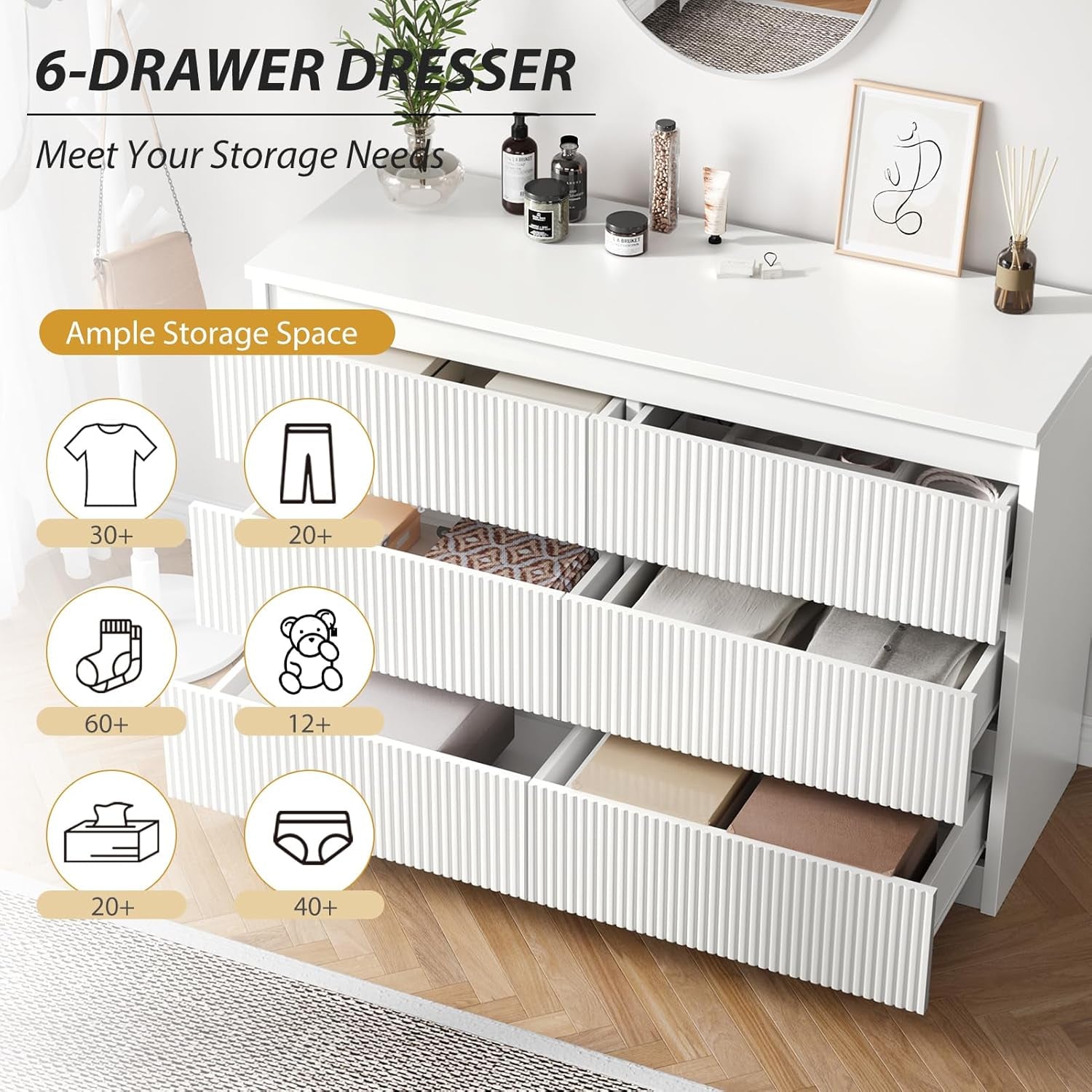 Large White Dresser With Fluted Panels Six Drawers