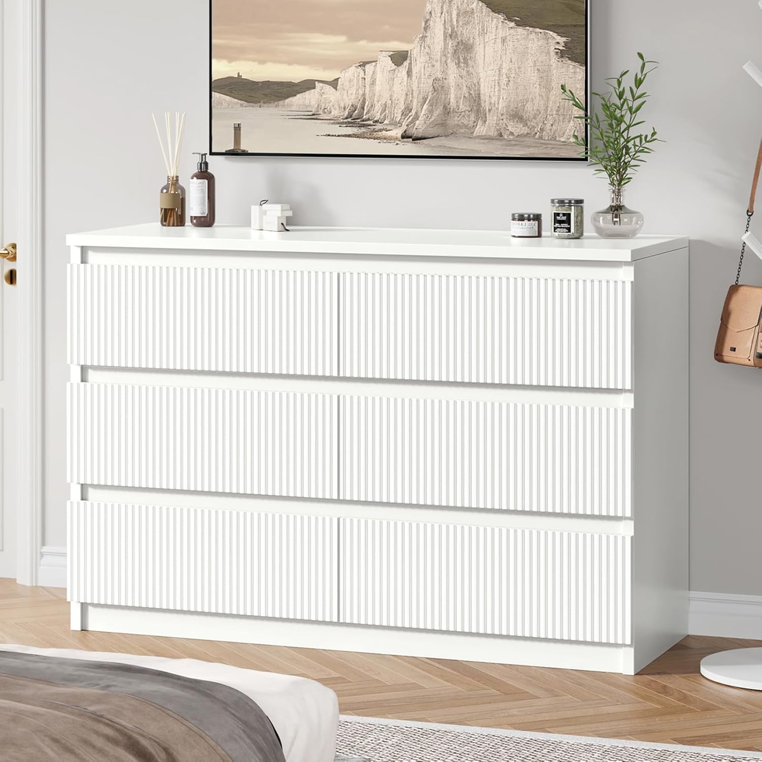 Large White Dresser With Fluted Panels Six Drawers