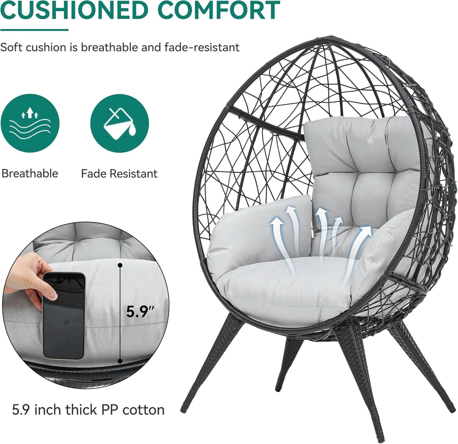 Large Wicker Egg Chair With Stand Outdoor Gray Cushion