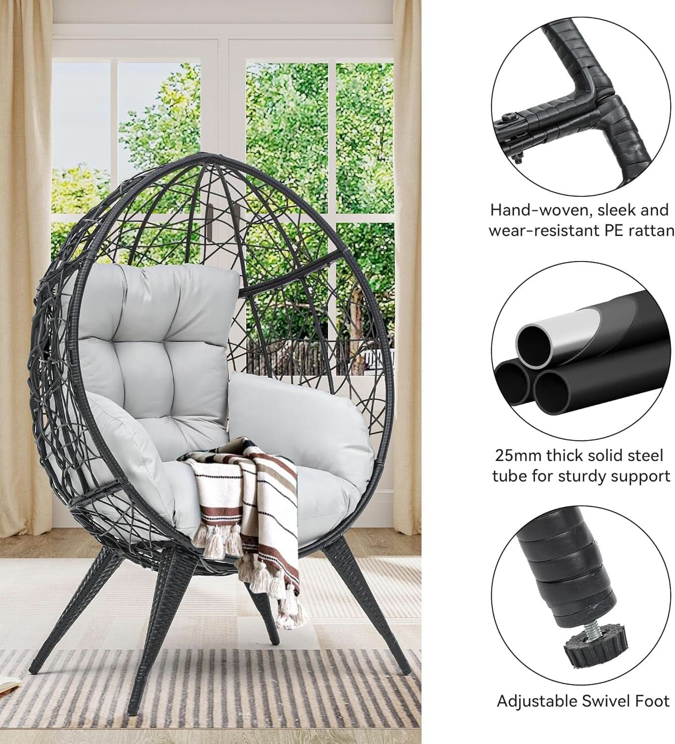 Large Wicker Egg Chair With Stand Outdoor Gray Cushion