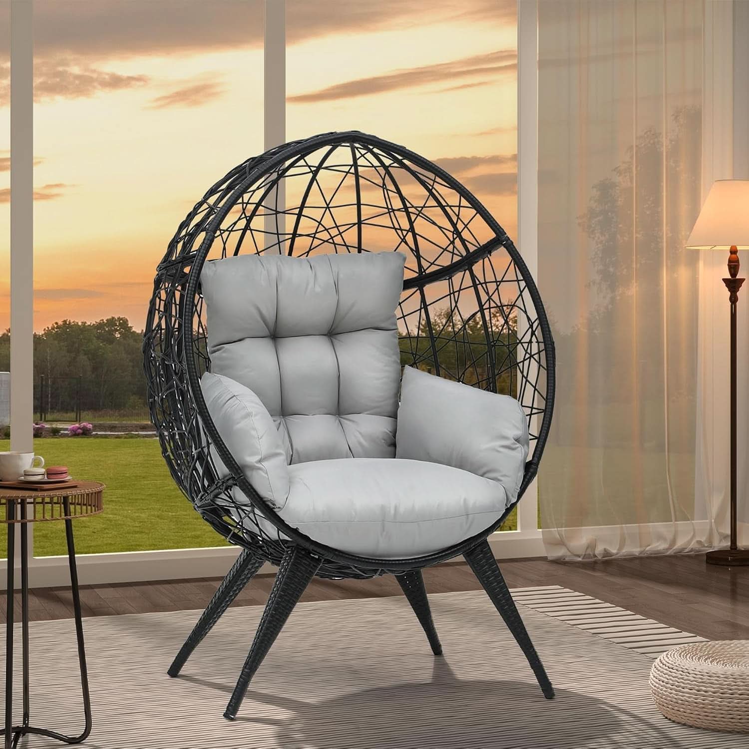 Large Wicker Egg Chair With Stand Outdoor Gray Cushion