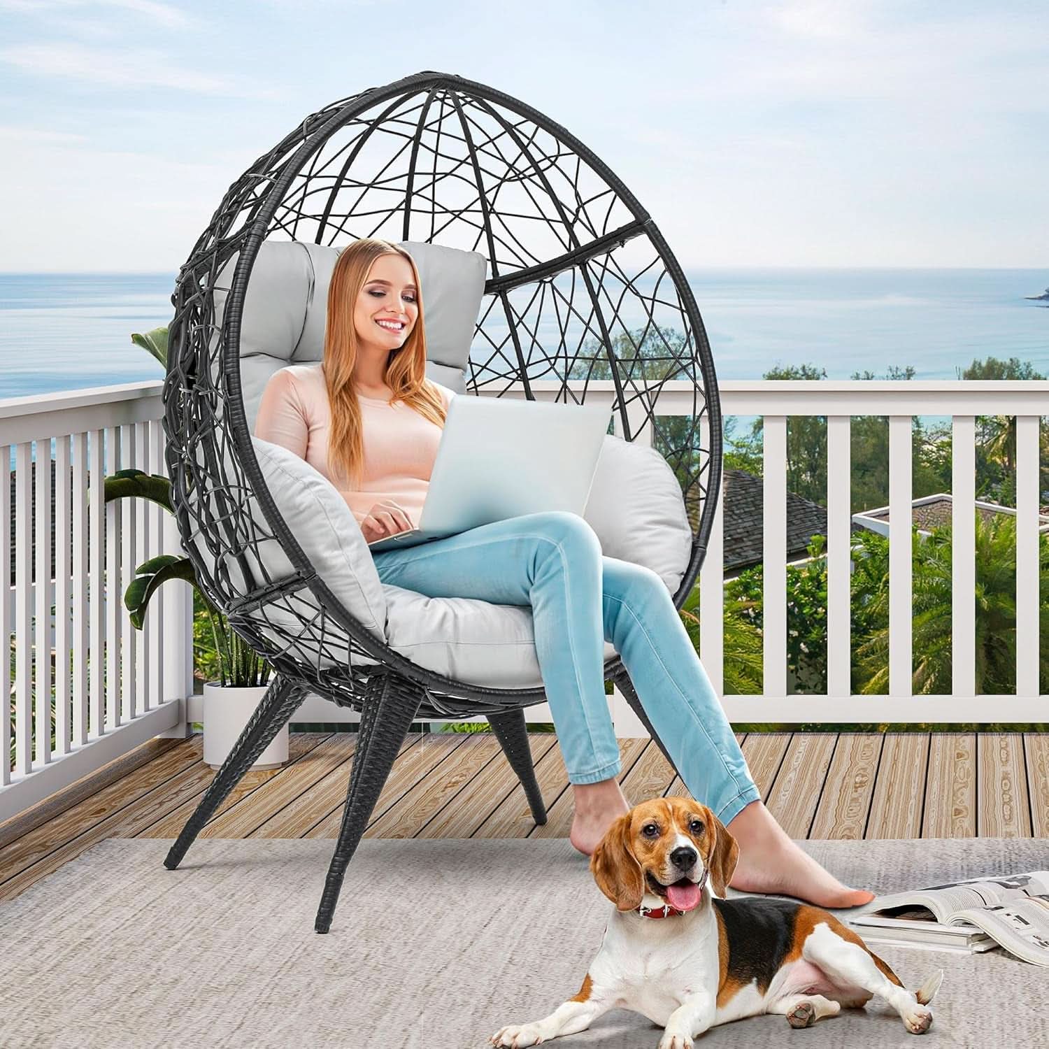 Large Wicker Egg Chair With Stand Outdoor Gray Cushion
