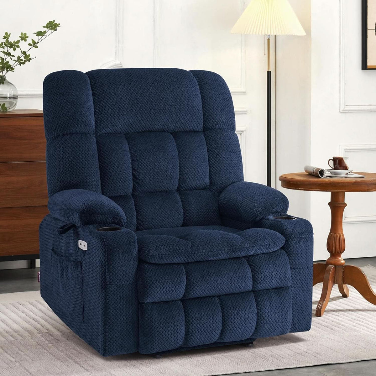 Large Wide Navy Blue Dual Motor Lift Recliner Massage And Heat