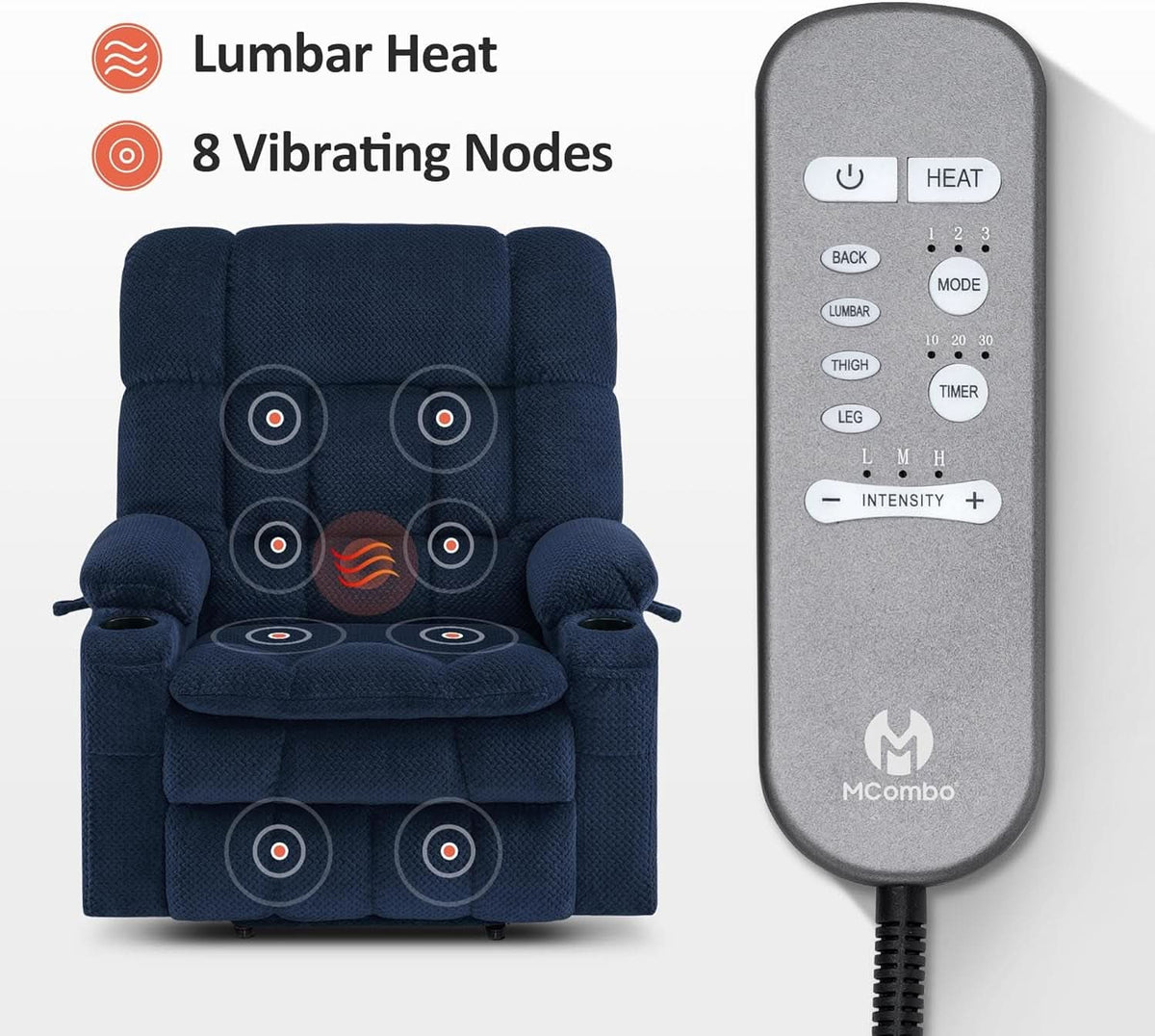 Large Wide Navy Blue Dual Motor Lift Recliner Massage And Heat