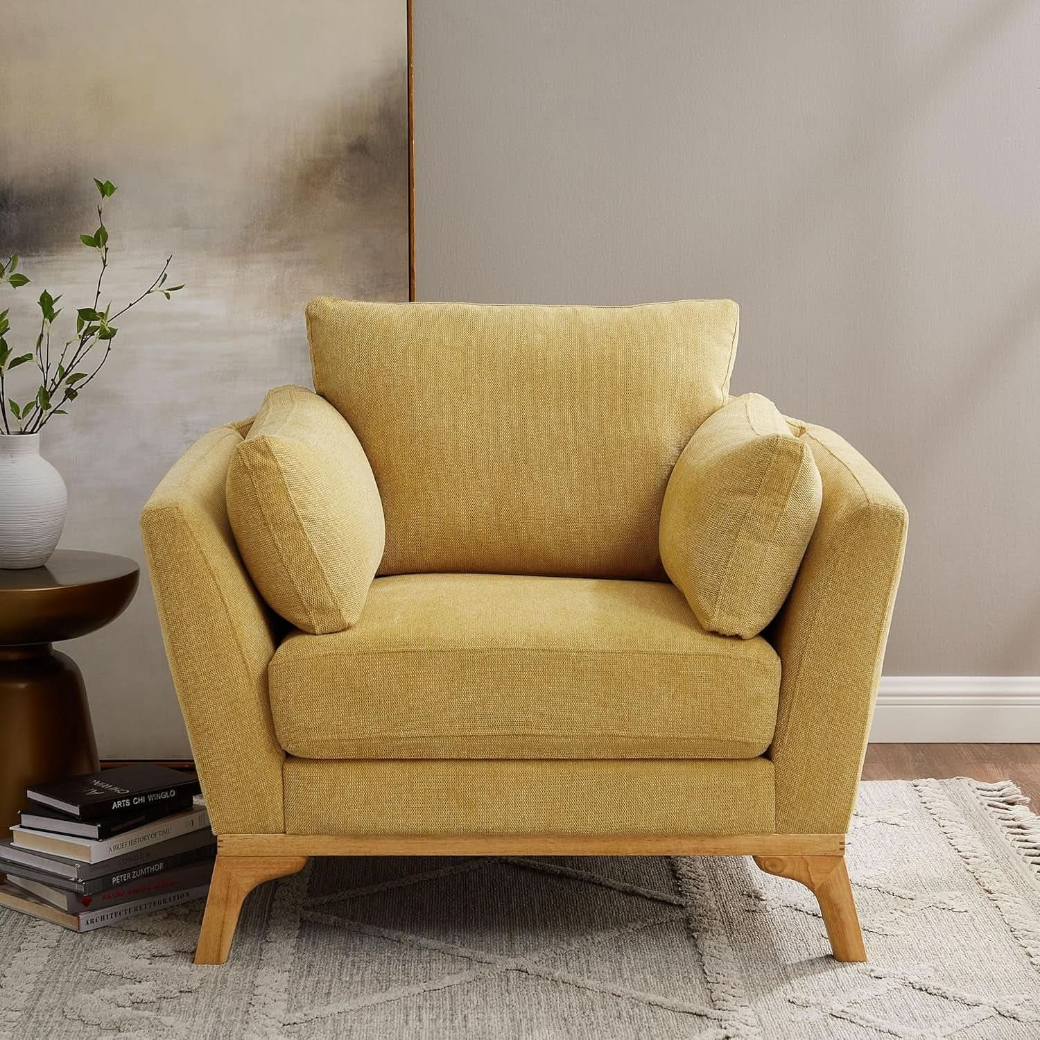 Large Yellow Linen Upholstered Accent Chair Cushions