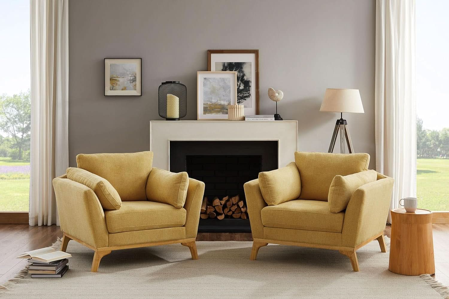 Large Yellow Linen Upholstered Accent Chair Cushions