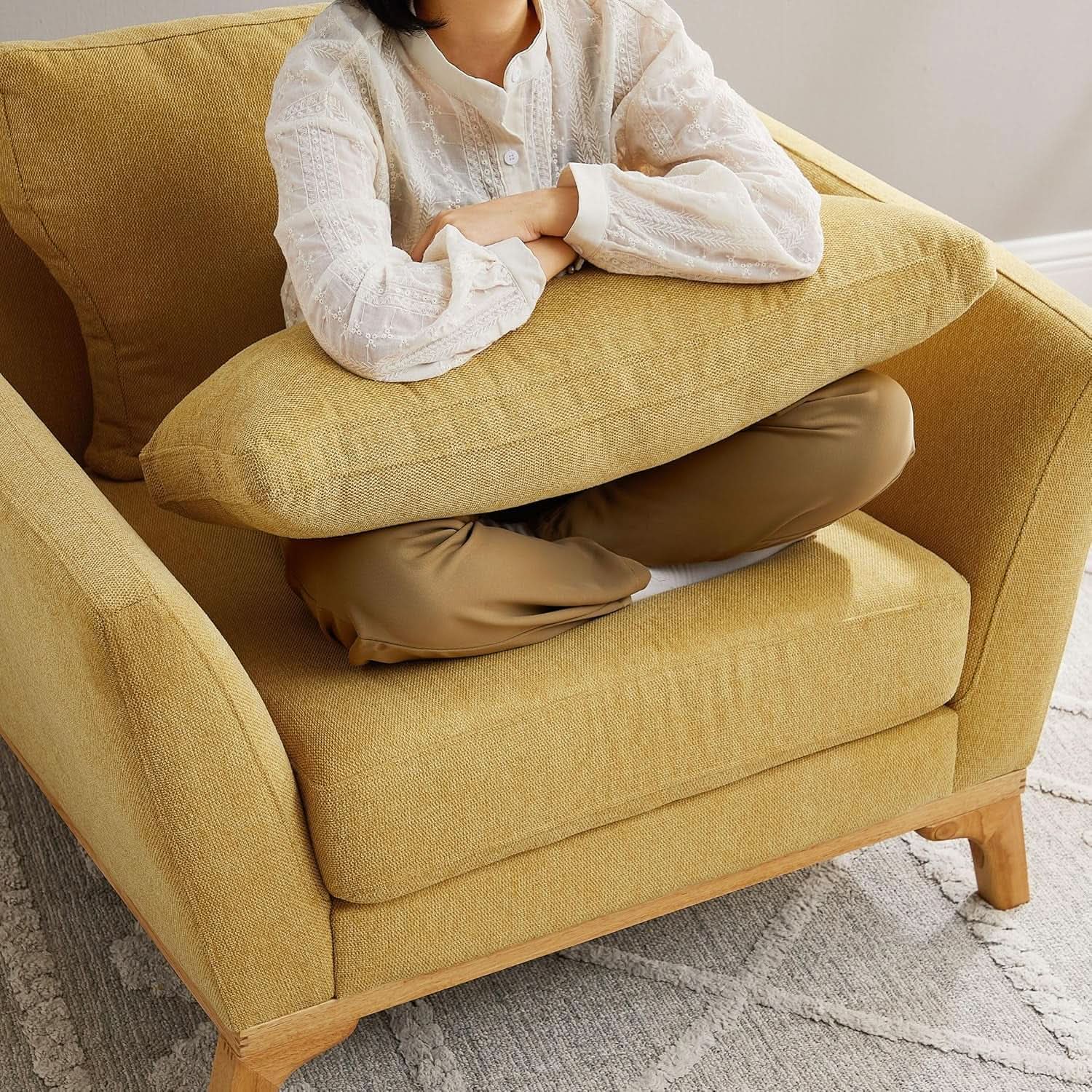 Large Yellow Linen Upholstered Accent Chair Cushions