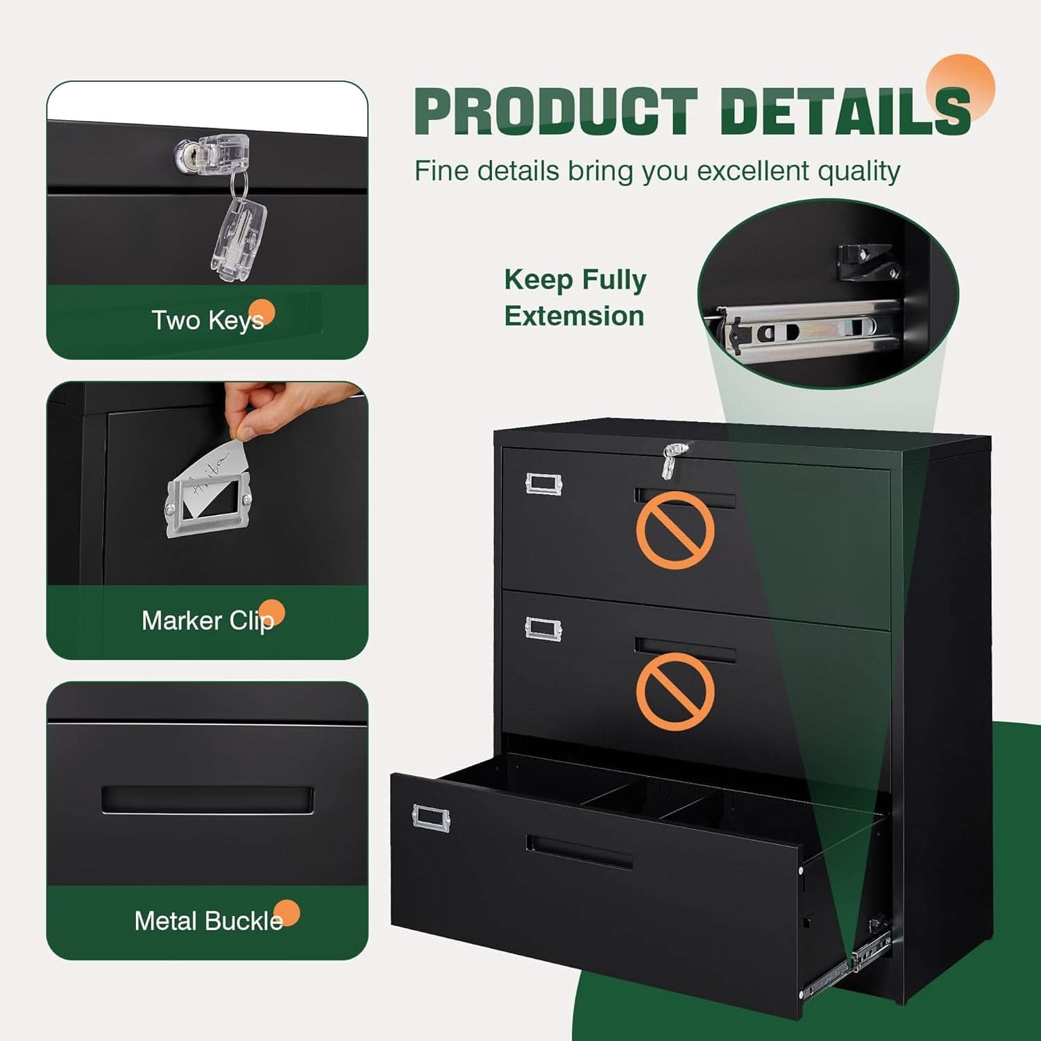 Lateral 3 Drawer File Cabinet With Lock Black Office