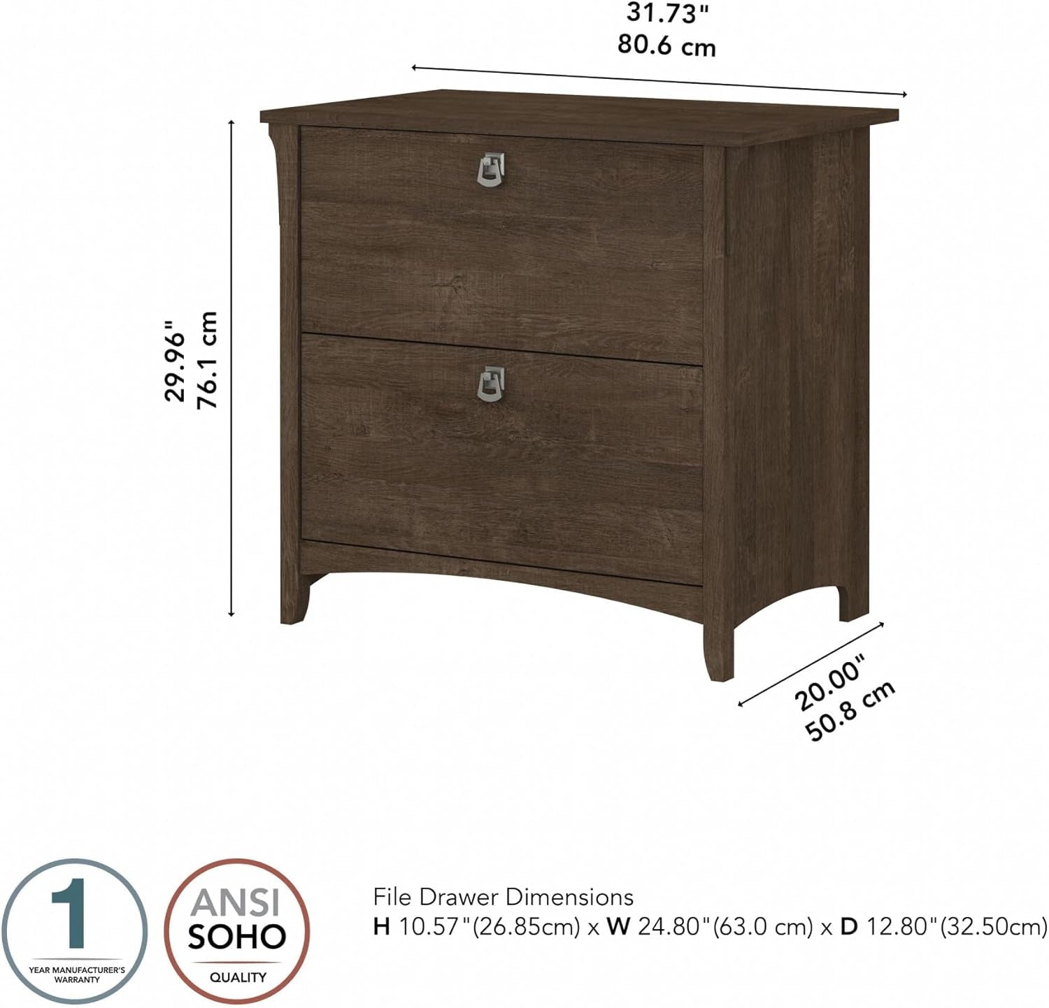 Lateral File Cabinet 2 Drawers Ash Brown With Ball Bearing Slides