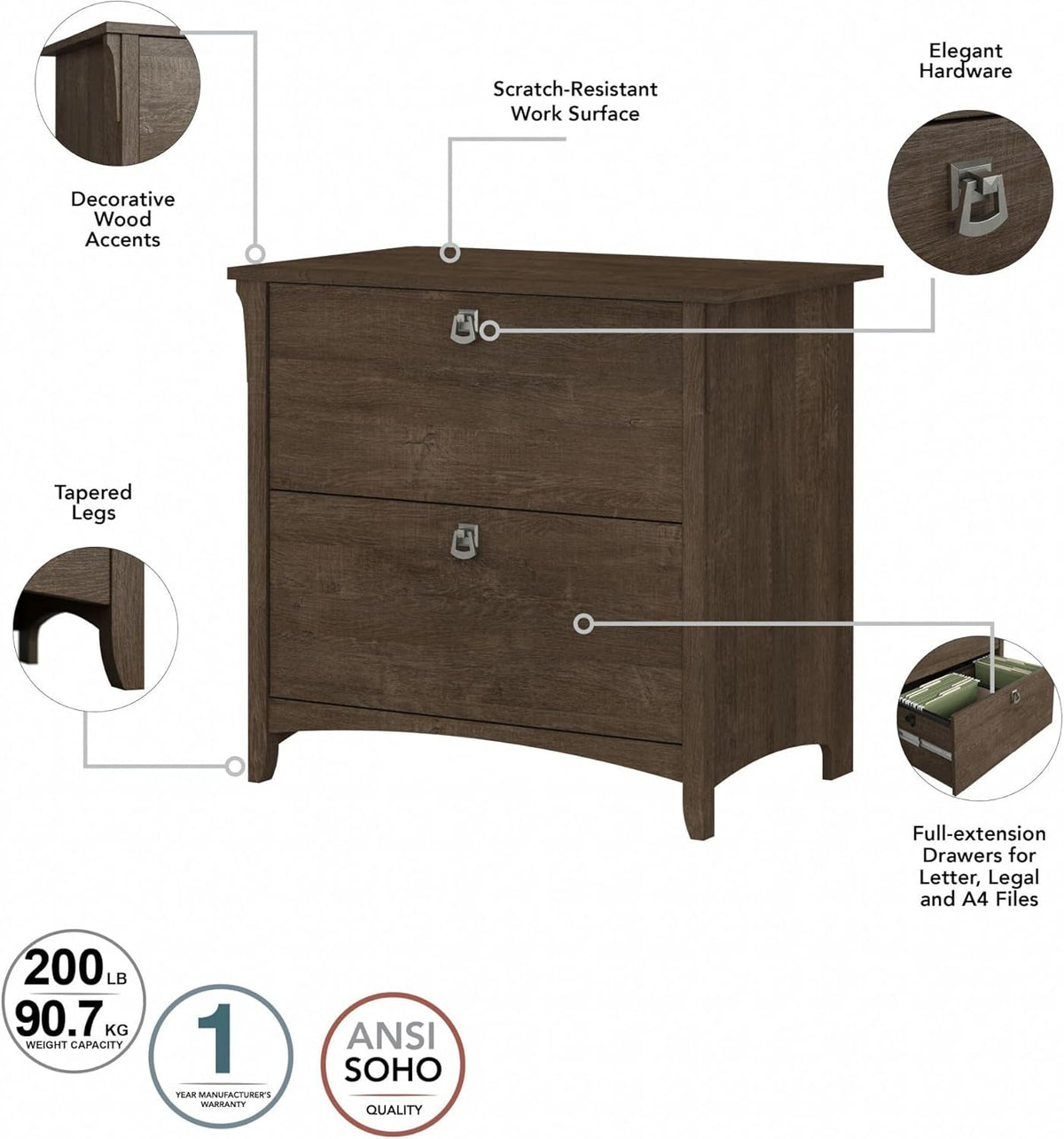 Lateral File Cabinet 2 Drawers Ash Brown With Ball Bearing Slides