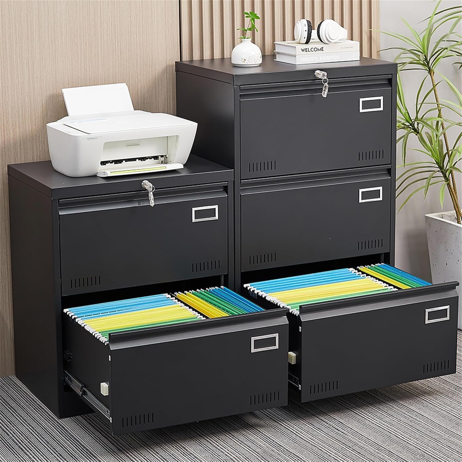 Lateral File Cabinet 3 Drawer With Lock And Card Holder Black