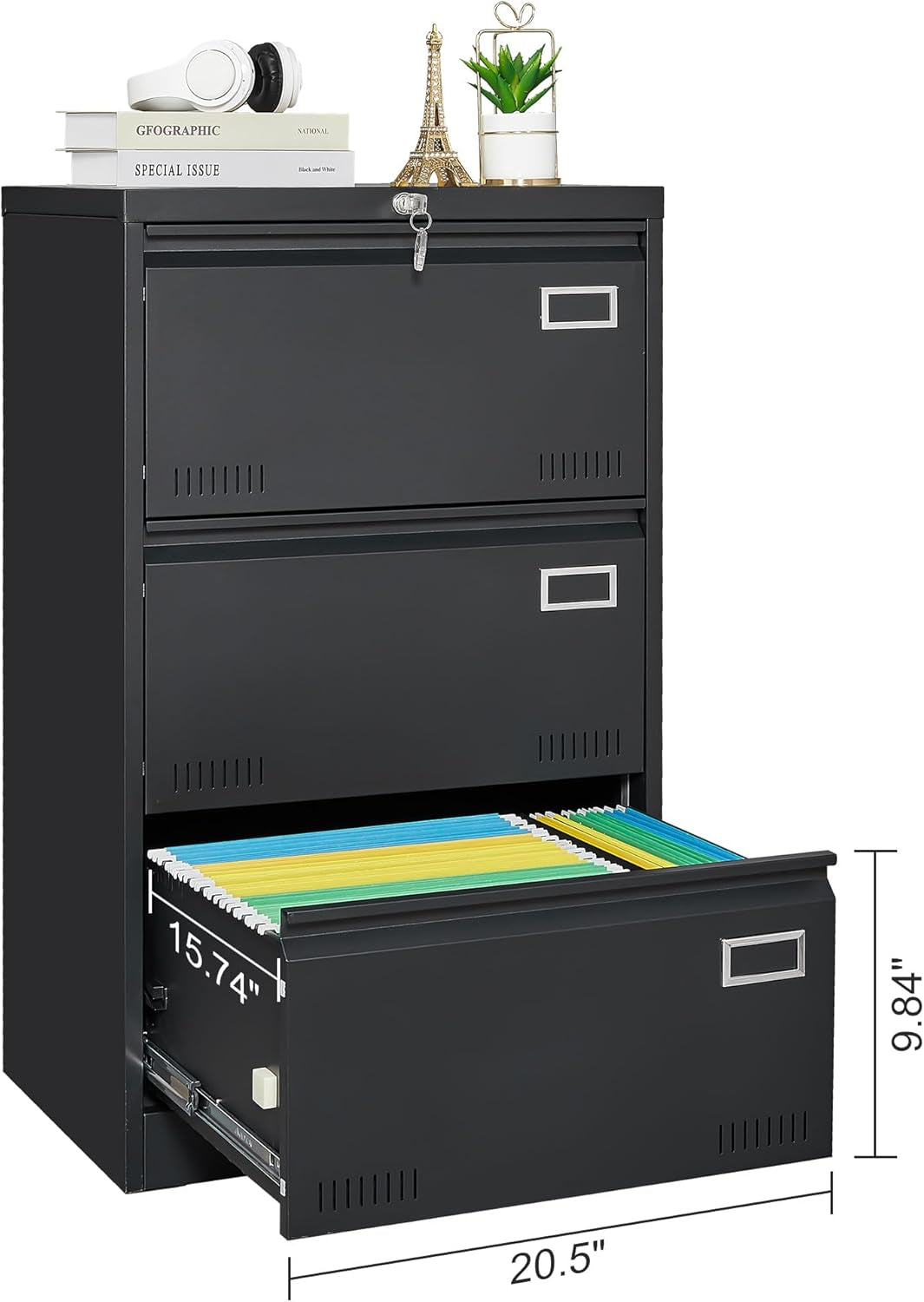 Lateral File Cabinet 3 Drawer With Lock And Card Holder Black