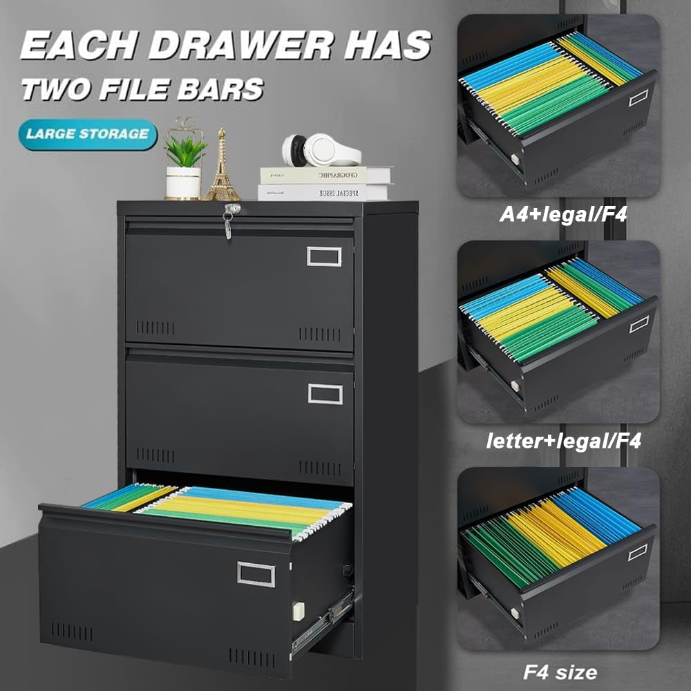 Lateral File Cabinet 3 Drawer With Lock And Card Holder Black